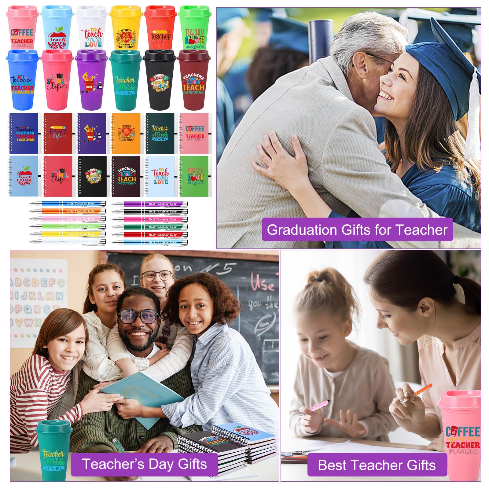 Teenyyou Juego de 72 piezas de regalo de agradecimiento para profesores, incluye tazas de café de plástico de 16 onzas con tapa, cuadernos motivacionales y bolígrafos para mujeres, profesoras