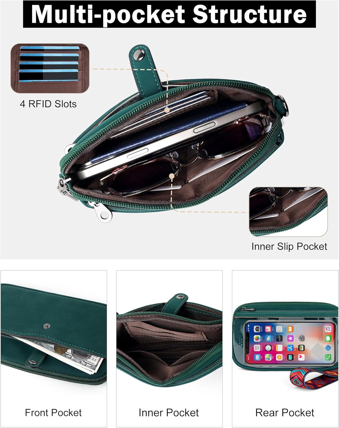 FADEON Slim Wristlet Wallets for Women, Designer Leather RFID Wallet with 3 Zipper Purse for Travel - Image 3