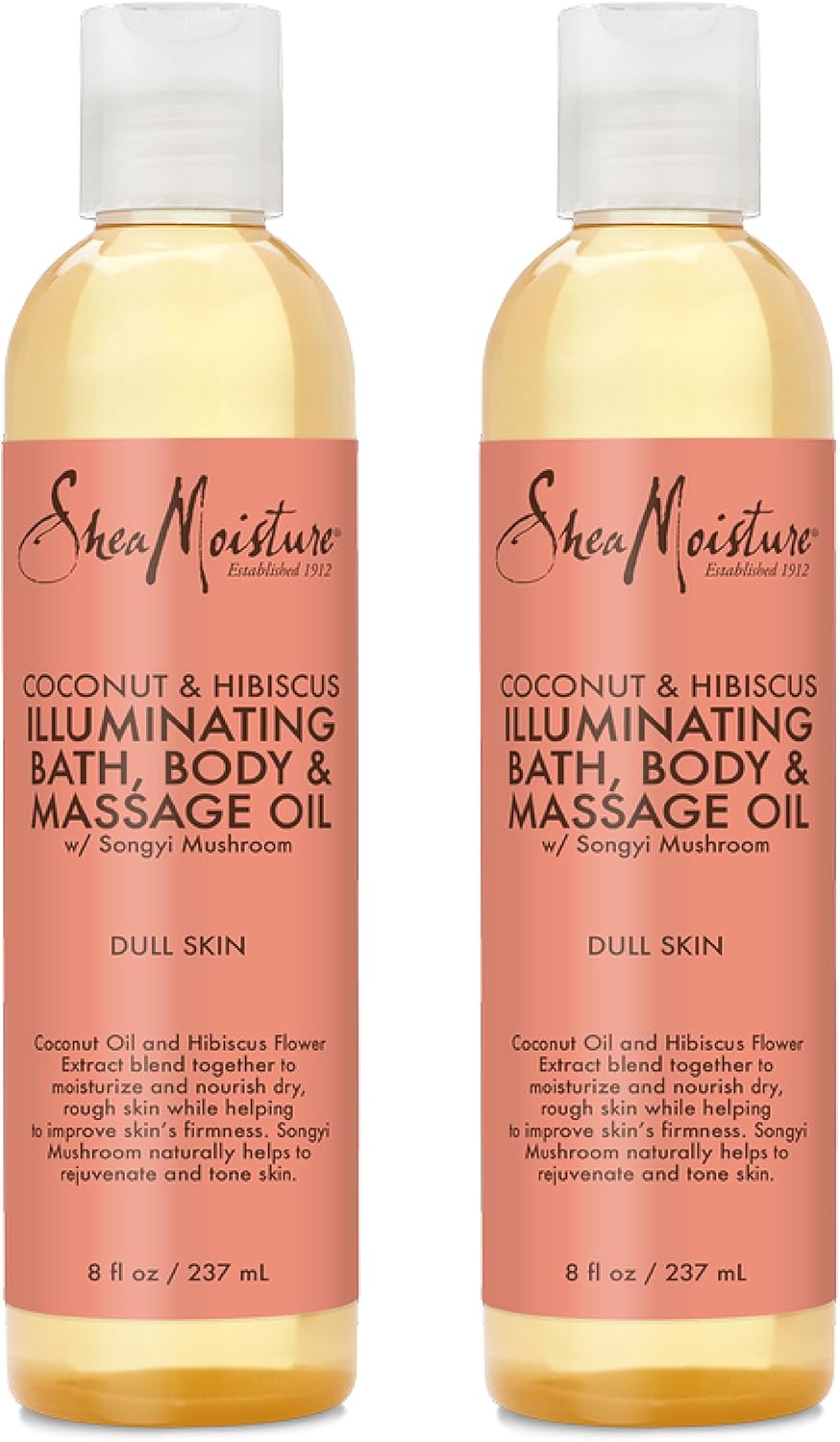 SheaMoisture Bath, Body & Massage Oil, Coconut & Hibiscus, 2-Pack – Illuminating Moisturizer for Dry Skin, 8 Oz Ea