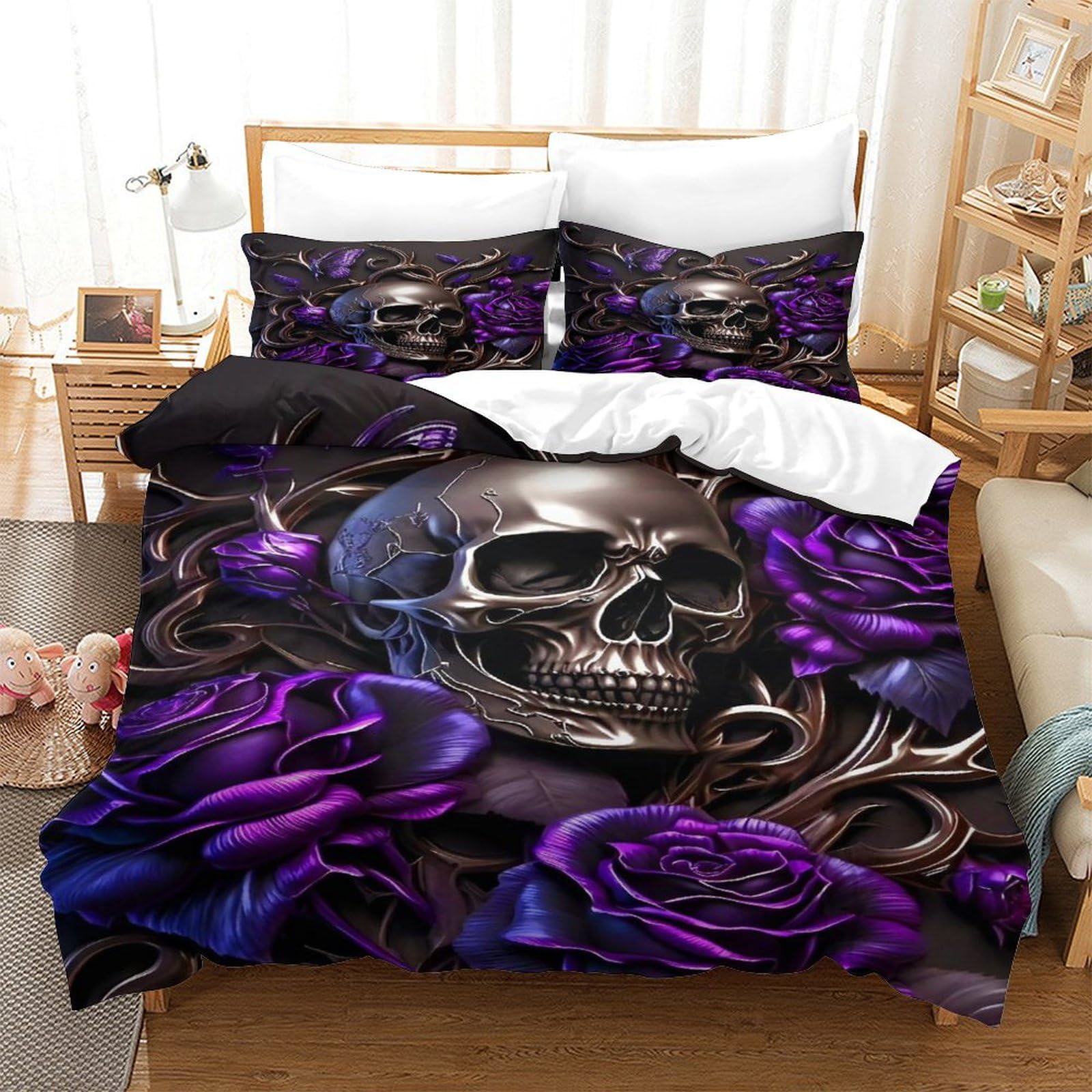 XiaopangXY Gothic Lovingly Duvet Cover Set Hidden Zipper Skull & Purple Roses Quilt Cover Set with Pillowcases Bed Linen Set Soft Microfiber Comforter Cover for Kids Adults Double（200x200cm）