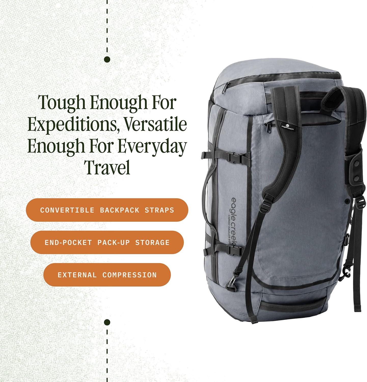 Eagle Creek Cargo Hauler Duffel Bag - Carry-On Duffel Bag for Travel - Easy Access Compartments - Lockable Zipper Opening - Water Resistant - Charcoal - 60L
