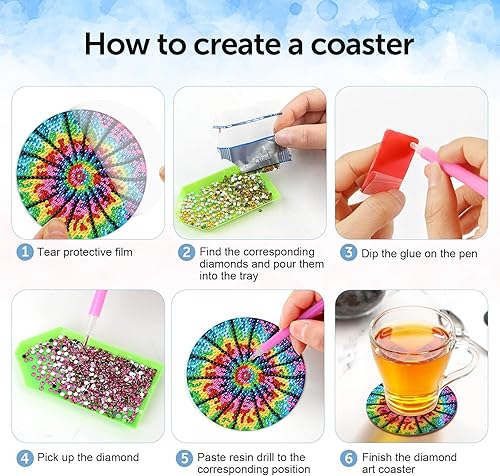 Miniatura 3 de Juego de 8 posavasos de pintura de diamantes coloridos con soporte, posavasos de arte de diamante para bricolaje, posavasos antideslizantes para