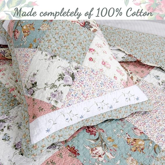 Cozy Line Home Fashions Floral Real Patchwork Green Peach Scalloped Edge Country 100% Cotton Quilt Bedding Set, Reversible Coverlet Bedspread (Celia, Queen - 3 piece)