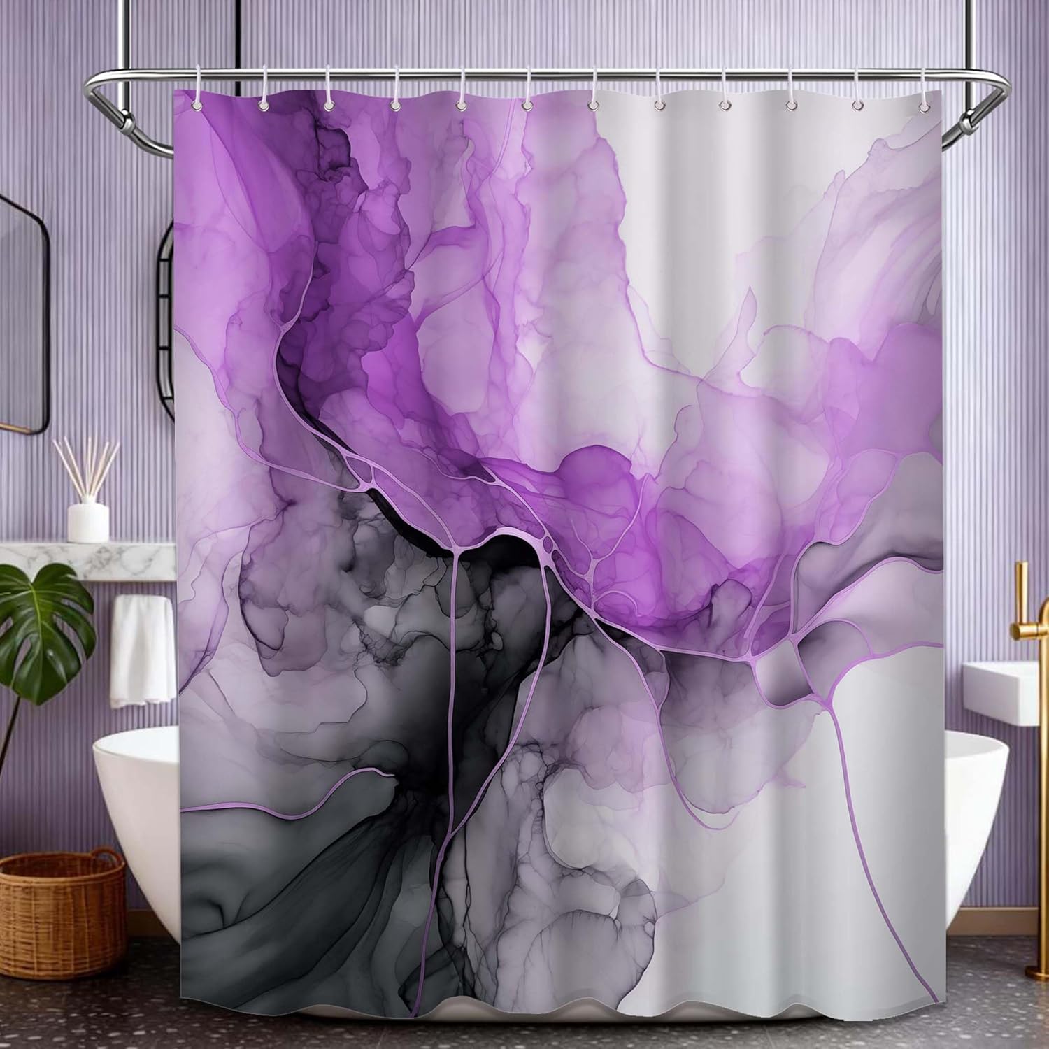 Purple Marble Shower Curtain Abstract Alcohol Ink Design Modern Crack Shower Curtains for Bathroom Decor, Waterproof Cloth Fabric with Plastic Hooks 70 x 72 in