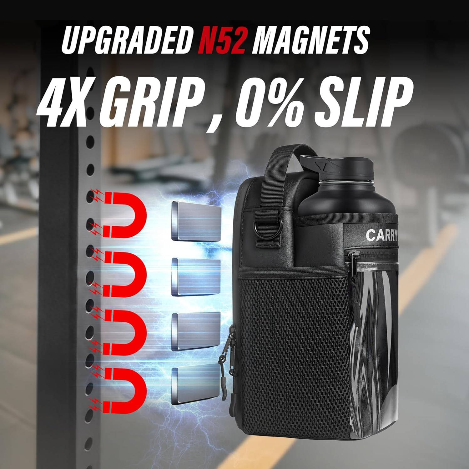 Magnetic Gym Bag-Upgraded Magnetic Water Bottle Bag for Men And Women,Water Bottle Pouch With Adjustable Strap & Phone Pockets,Gym Pouch Hold 40oz for Workout （Bottles Not Include）