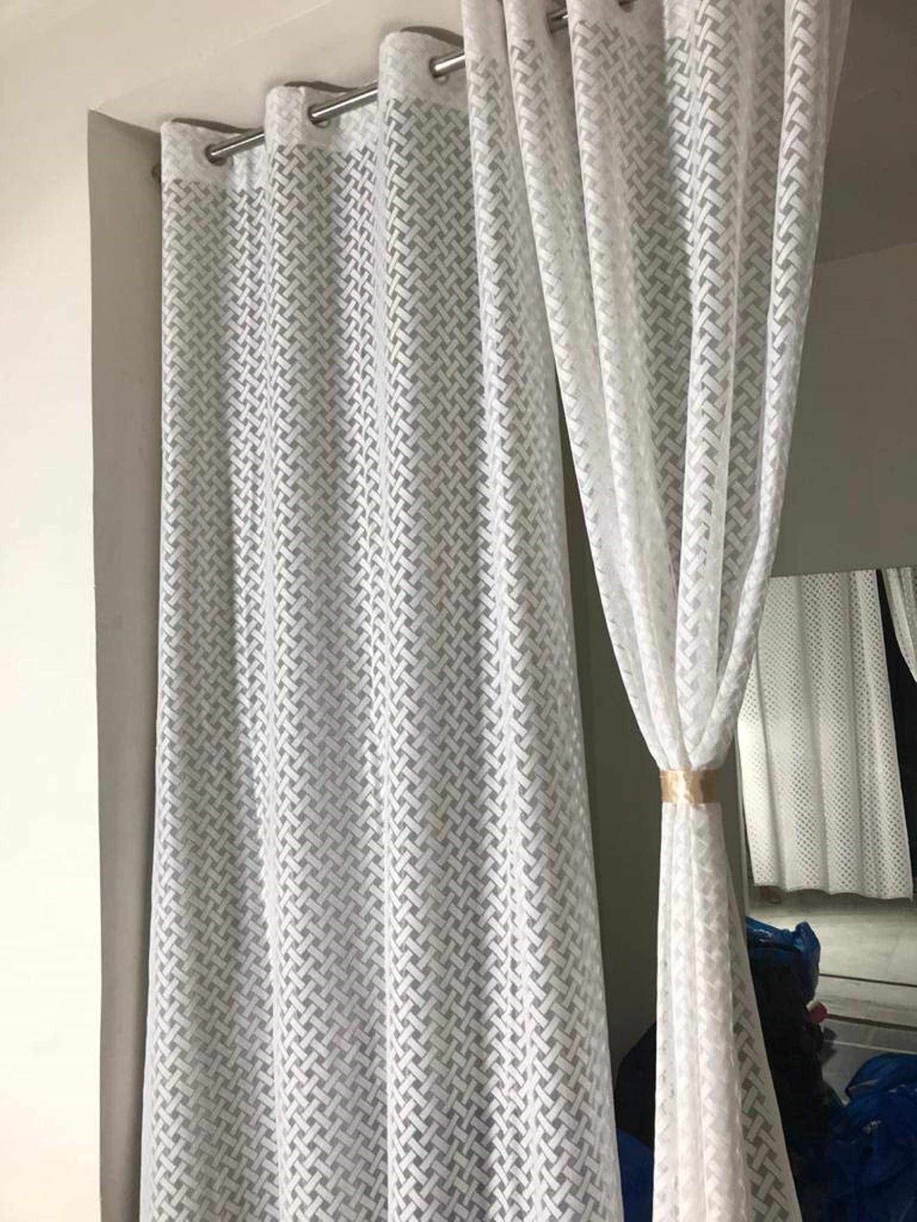Polyester Transparent Criss Cross Sheer Net Window Curtain for Balcony Living Room, 6 feet Long, White, Set of 1