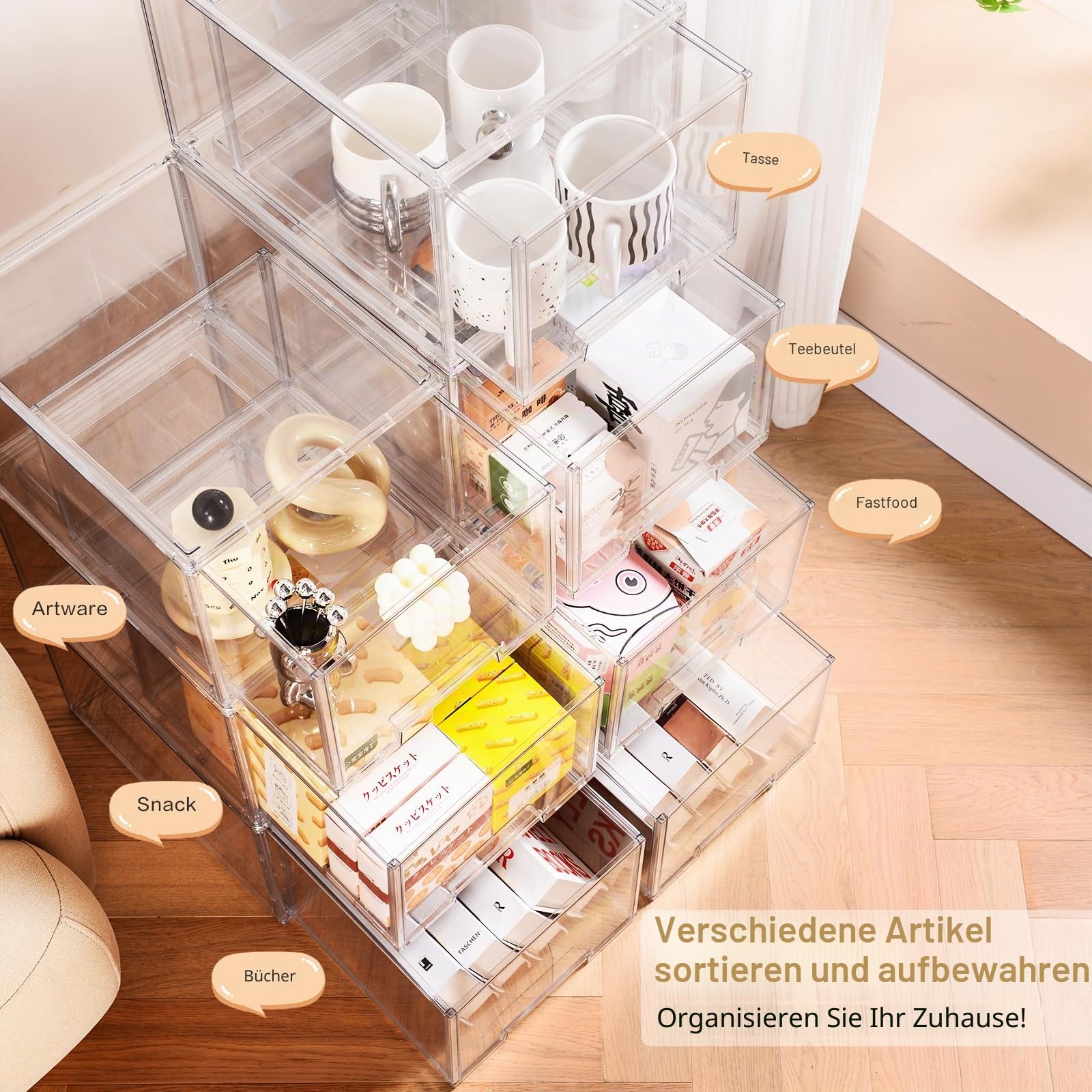 Stapelbare Aufbewahrungsschubladen aus Kunststoff, LINYAPRY Klare Lagerung Bins Organizer mit ausziehbarer Schublade für Küchenschrank Speisekammer Kühlschrank Gefrierschrank Regal Kühlschrank (2)
