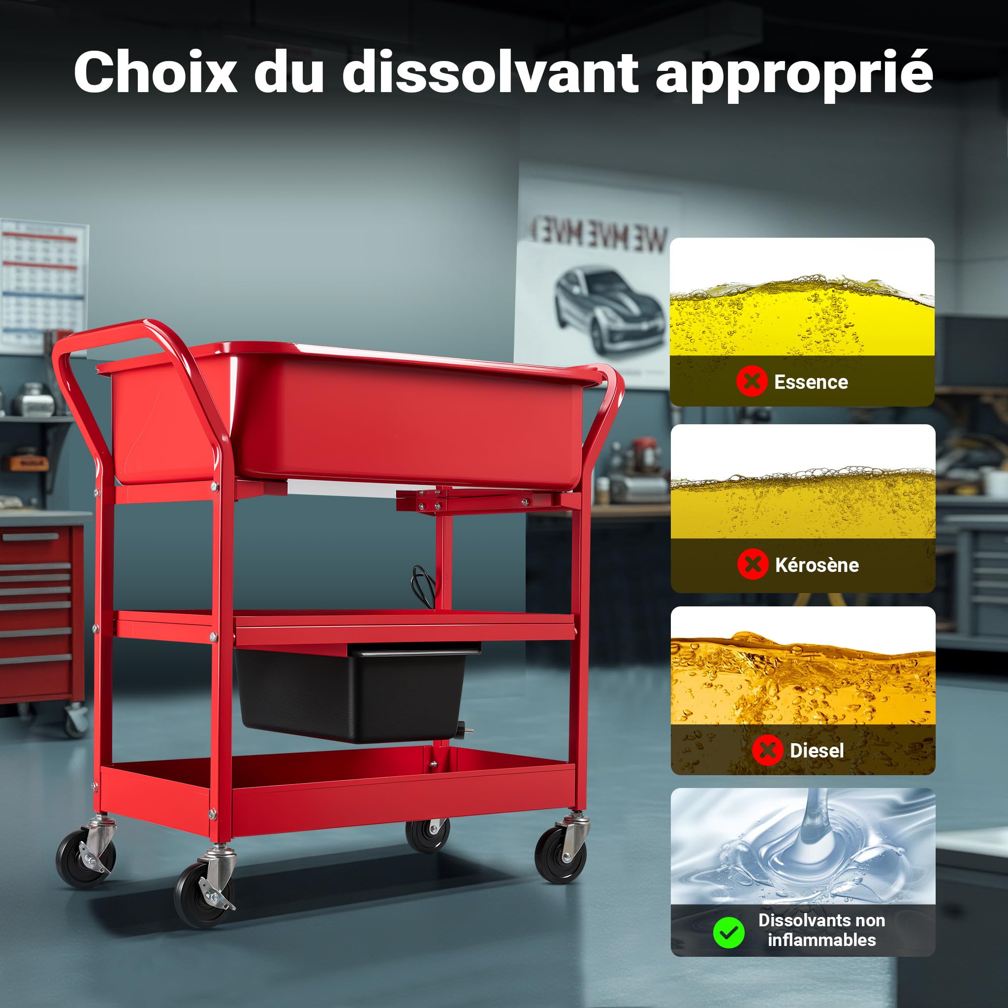 Wiltec Fontaine de dégraissage et nettoyage de pièces mécaniques – 711 x 483 x 208 mm – Bac de lavage 75,7 l avec pompe et chariot mobile – Garage Atelier