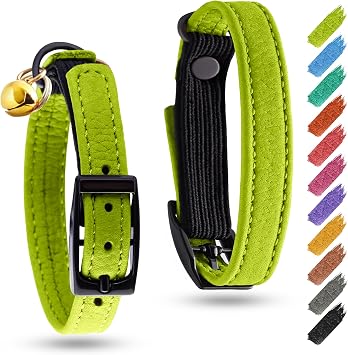 Leather Cat Collar with Bell and Safety Elastic Strap Breakaway Alternative for Small & Large Kittens, Stylish Pet Leather Collar for Boy, Girl Cats with Metal Buckle & QR ID Tag Green