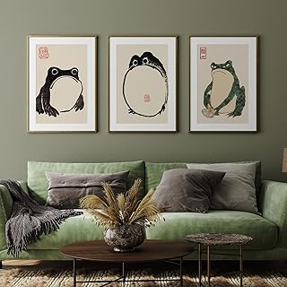 Frog Poster Japanese Wall Art Canvas Vintage Room Decor Wabi Sabi Decor Japanese Frog Wall Art Minimalist Decor for Bedroom Decoration Funny Posters Frog Decor (A, 12x16Inchx3 Unframed)