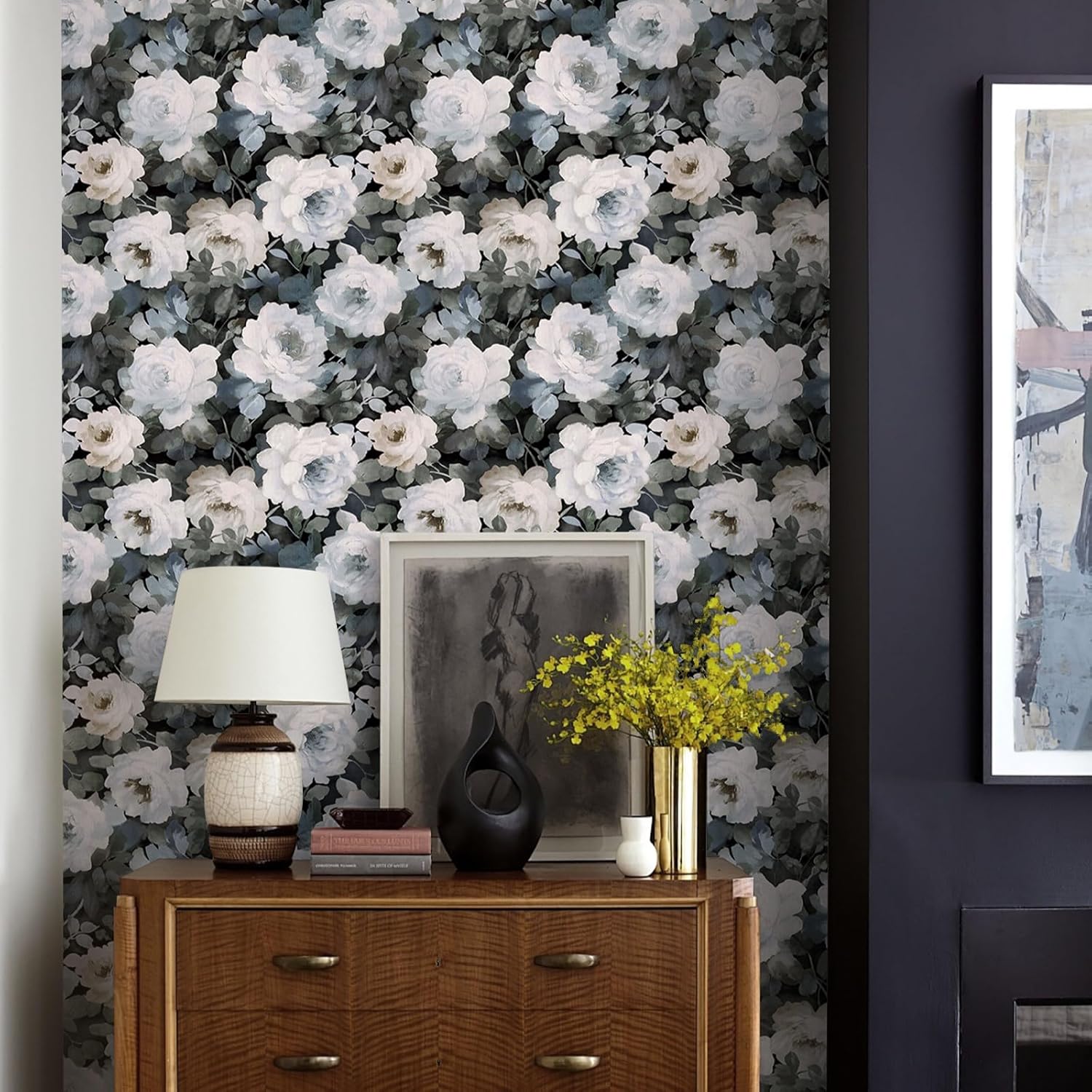 Guvana Peel and Stick Wallpaper Vintage Floral Contact Paper 394"×17.3" Black Floral Self-Adhesive Green Leaf Wall Paper for Bedroom Livingroom Kitchen Vinyl Waterproof Wallpaper Renter Friendly