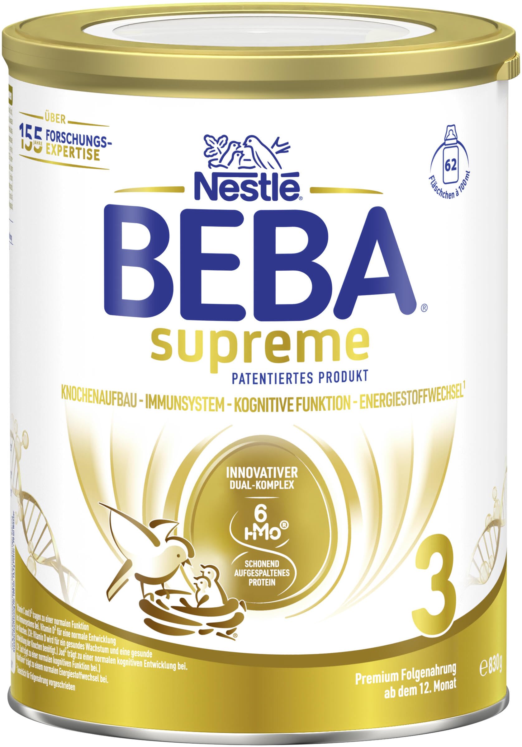BEBA SUPREME 3 Folgemilch ab dem 12 Monat, Babynahrung mit 6 HMO Komplex, nur Laktose, ohne Palmöl, 6er Pack (6 x 830g)
