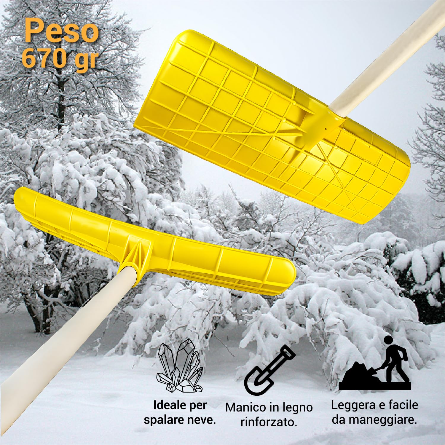 Crisalide® - Pala da Neve con Manico 130 cm in Legno di Faggio – Spingi Neve Multiuso 61 cm in Polipropilene PP, Peso 670 g – Pala Spingineve per Neve, Cereali, Ghiaia e Fango per Vialetti Cortili