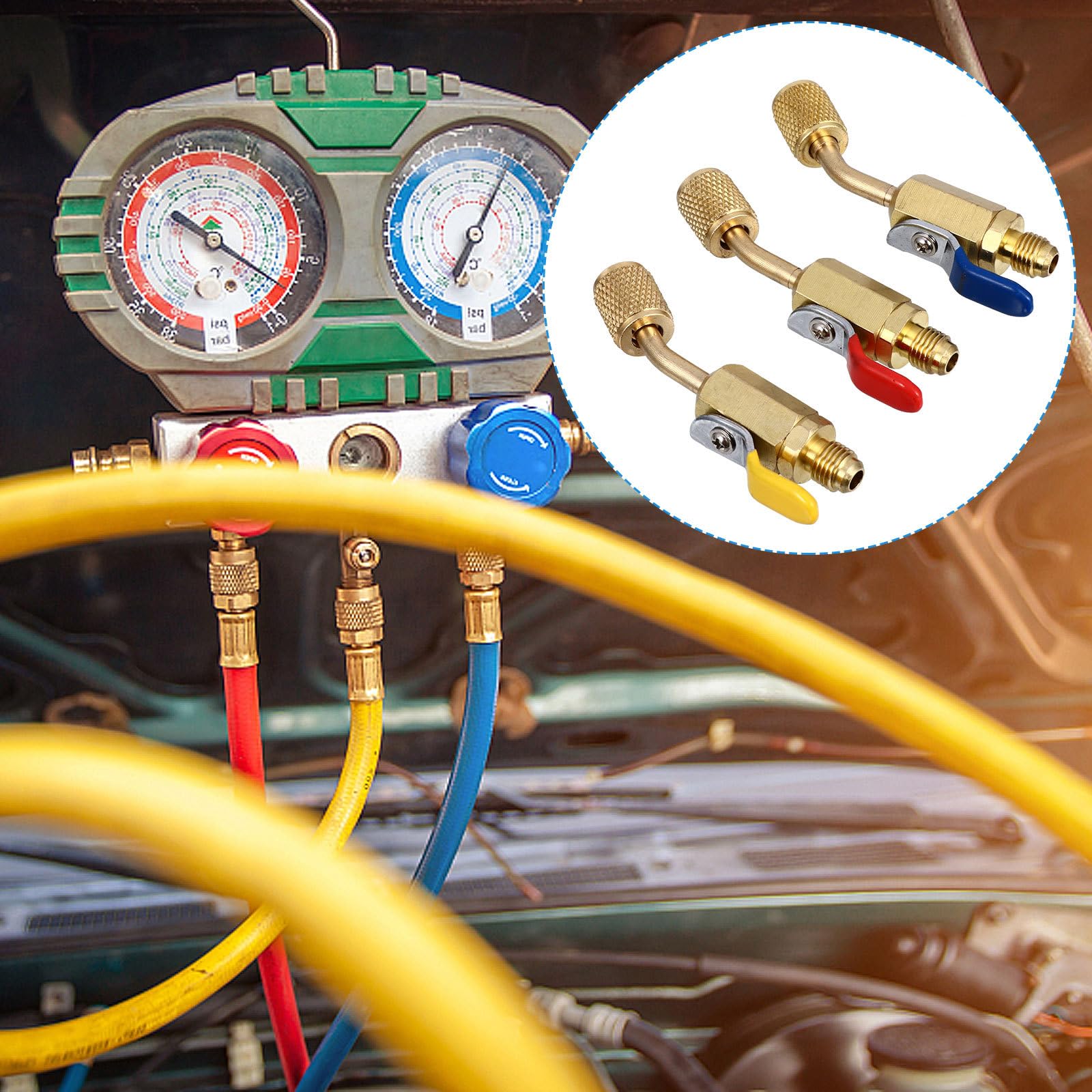 NUOBESTY Raccord Frigorifique 3 Pièces en Cuivre Vanne à Bille Coudée 45 Degrés, Facile à Installer, Adapté pour Manifold et Réfrigérants de Climatisation Automobile