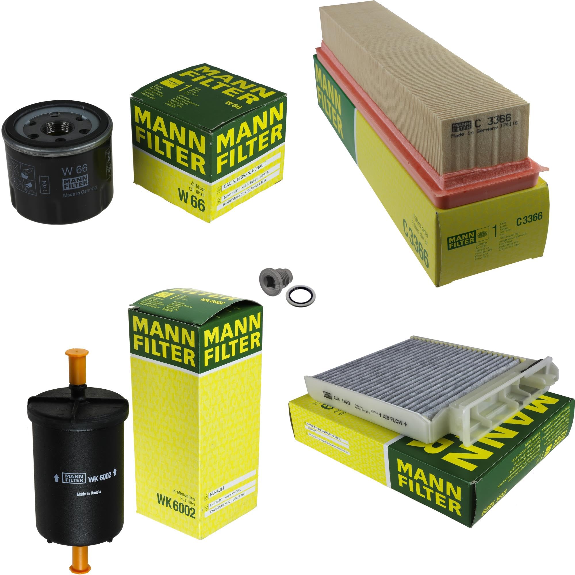 Paquete de inspección Kit de mantenimiento de filtros con filtro de aceite W 66, filtro de aire C 3366, filtro de combustible WK 6002, filtro de habitáculo CUK 1829, tornillo de cierre