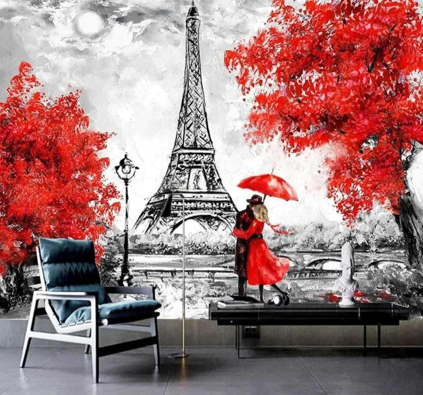 XLMING Romantic Couple Red Trees Tower 3D Wallpaper Silky Texture Home Study Office Grey Dining Room Sofa Bedroom Living Room TV Backdrop-430cm×300cm
