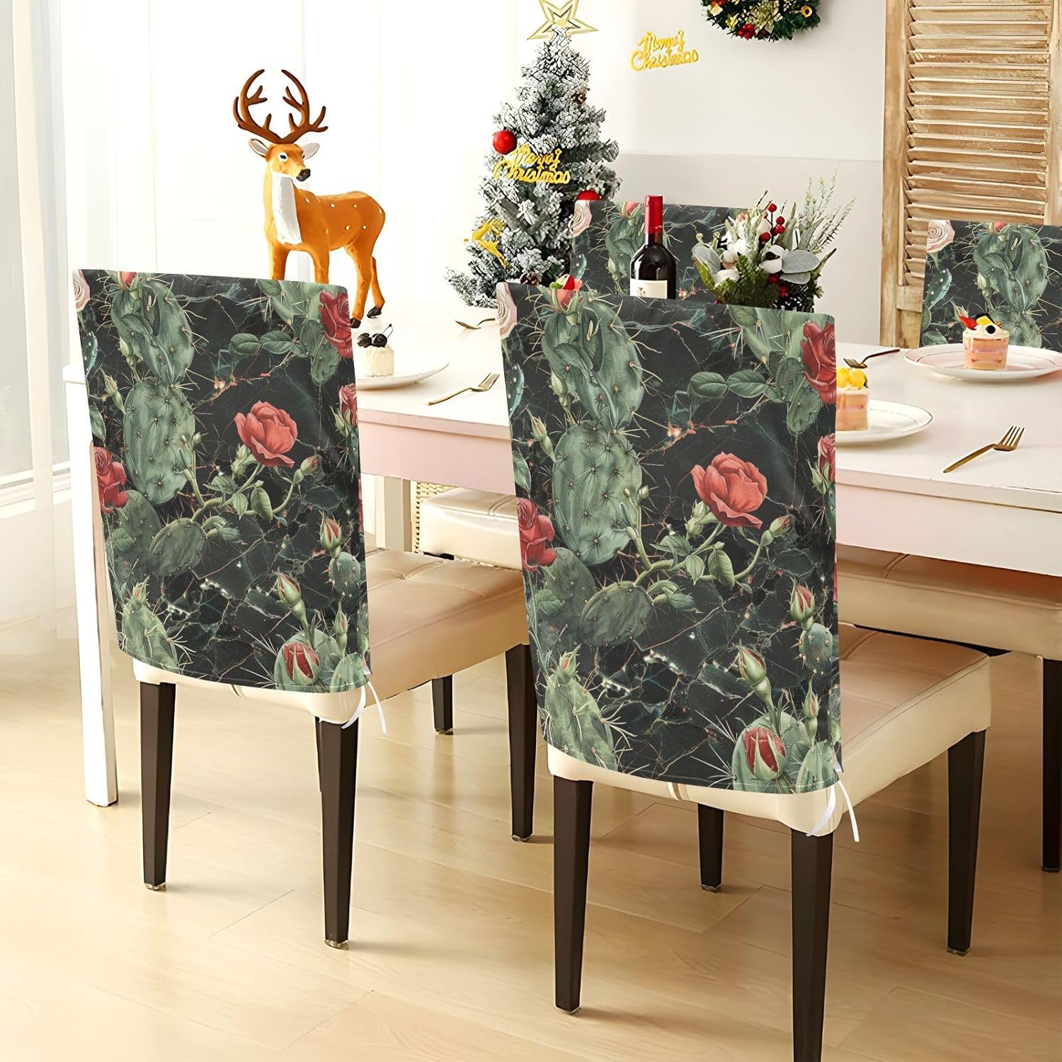 ALAZA Vintage Cactus Rose Marble Chair Back Cover Set of 6, Washable Reusable Removable Chair Slipcovers Decorative Chair Cover for Home Kitchen Wedding Party