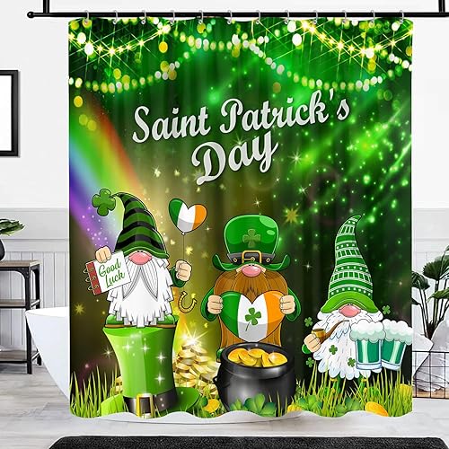 Miniatura 4 de Cortina de ducha del día de San Patricio, juego de cortina de ducha de tela de gnomo de trébol verde, diseño de hojas de trébol verde, cortina de