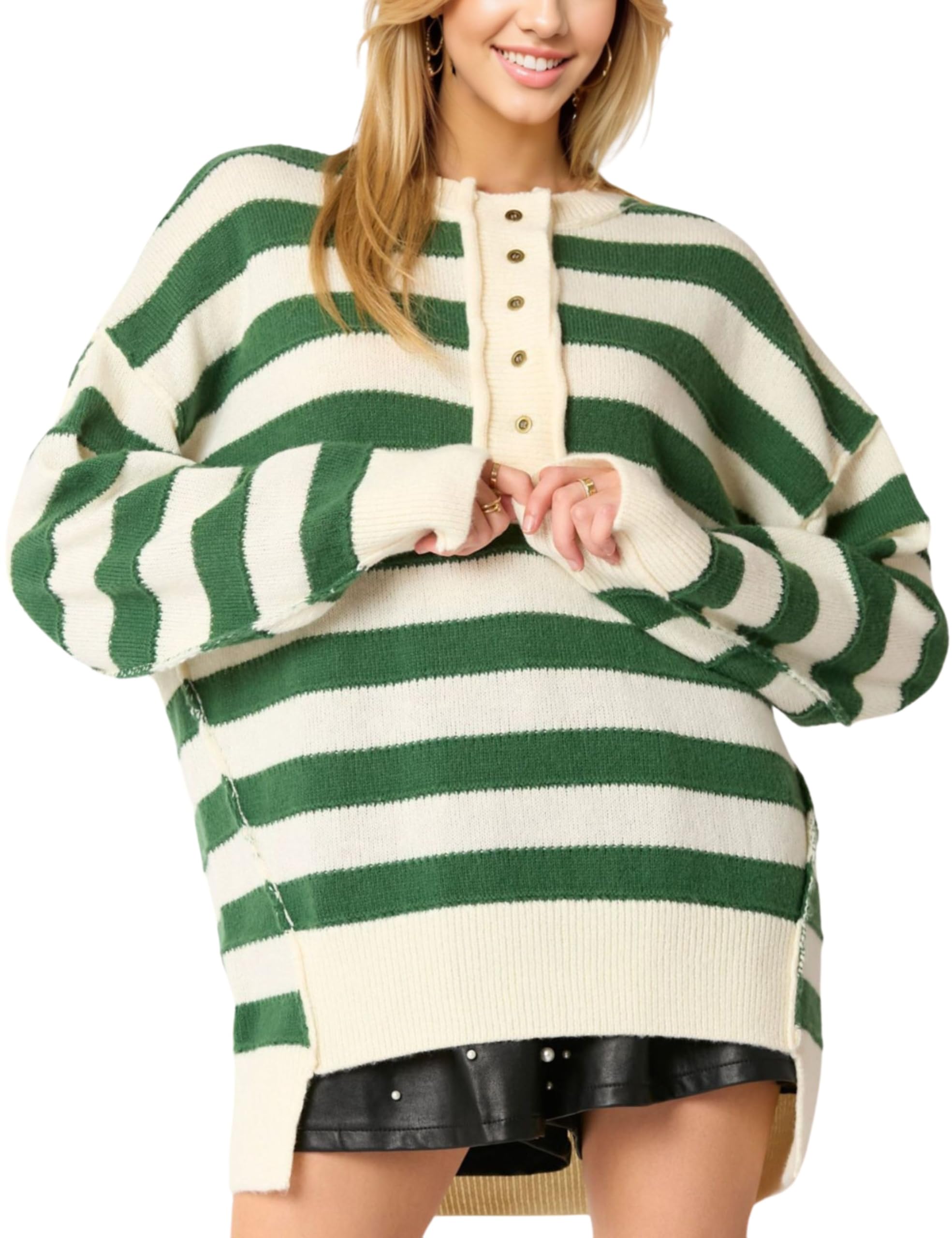 InterNos Womens Long Sleeve Striped Pullover Sweater Button Down Henley Style Knit Sweatshirt Jumper Tops