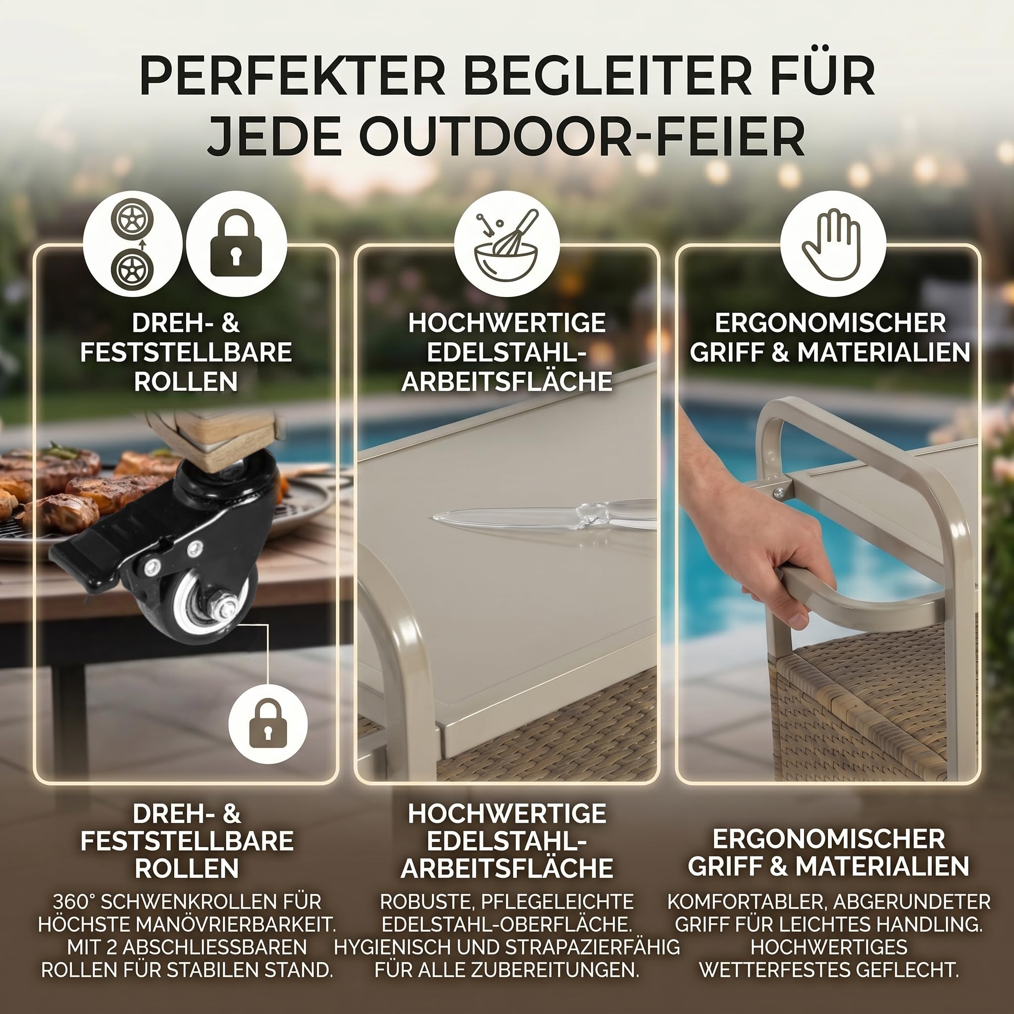 Gecheer Outdoor Bartisch mit Eiswürfelbehälter, Wetterfester Servierwagen Beistelltisch PE-Rattan, Arretierbare Rollen für Garten Terrasse Poolparty Grillabend Hinterhof, Beige