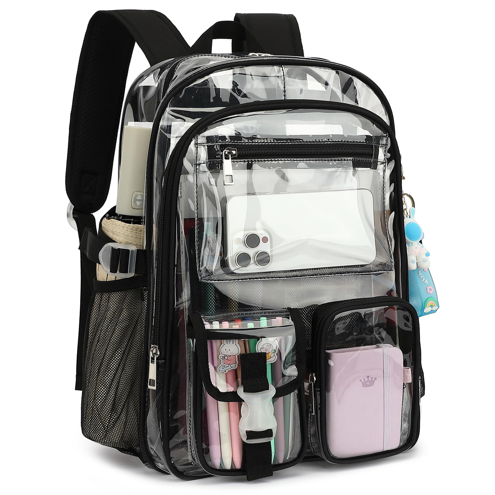Kouxunt Clear Backpack Heavy Duty Transparent Backpacks Stadium Approved for School Work Sport Travel (Black)