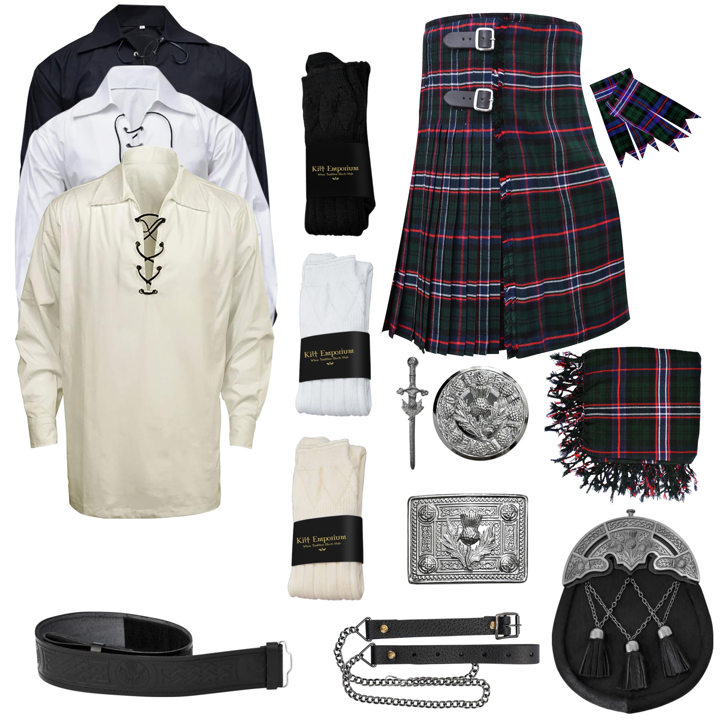 Kilt Emporium: Scottish Kilts for Men Thistle Set - Complete Tartan Kilts for Men & Scottish Clothing for Men - 10 Pieces Set, Scottish National, 46