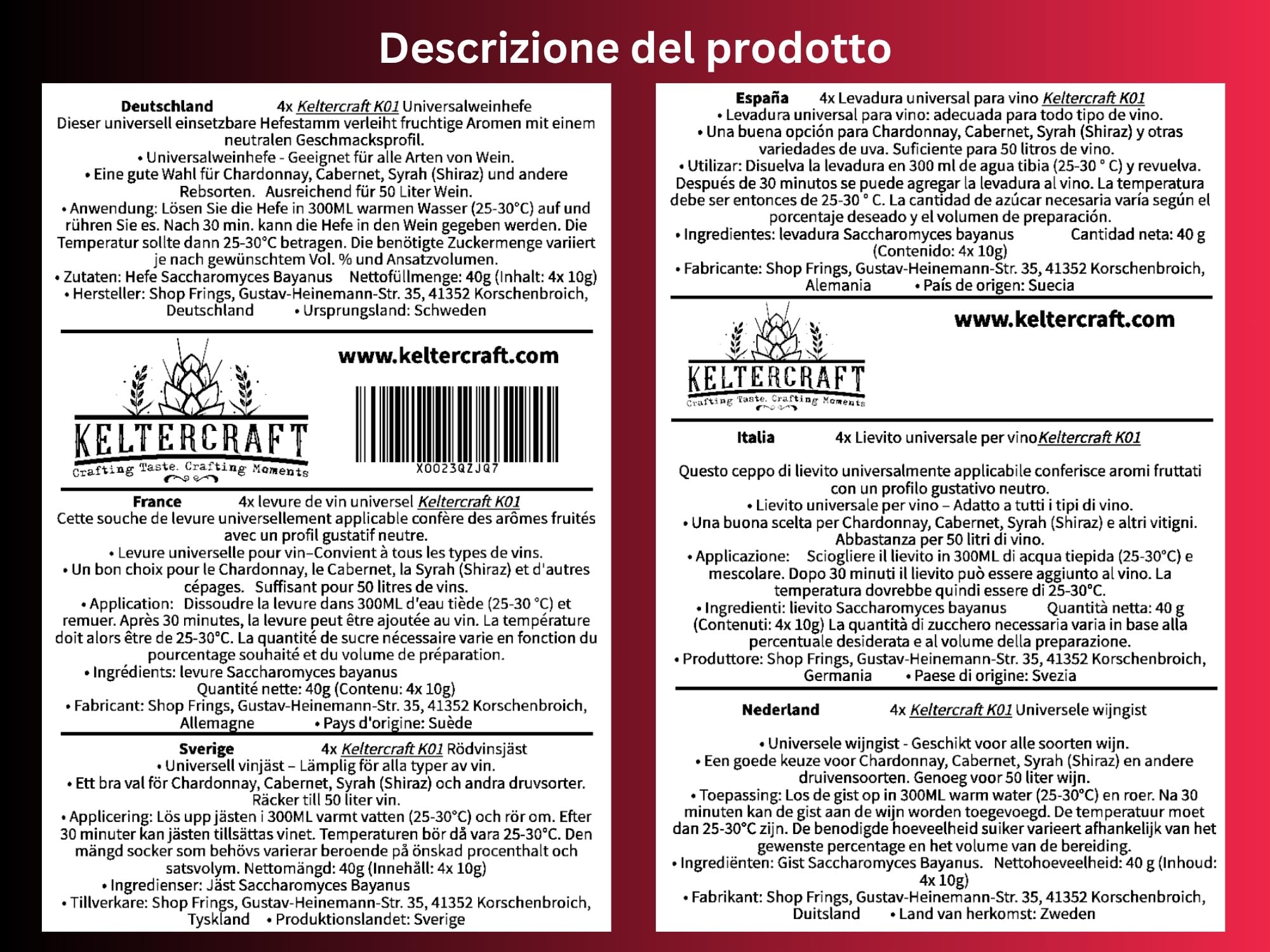 Keltercraft K01 Lievito di vino [40 g: per 200 litri di vino rosso o vino bianco] | Crea il tuo vino!