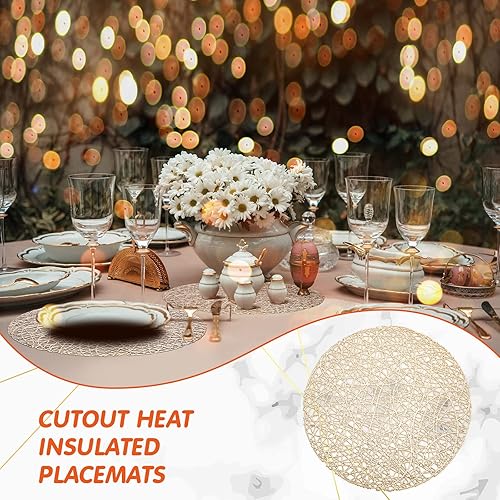 Miniatura 7 de Sieral Paquete de 60 manteles individuales redondos dorados de 15 pulgadas, de vinilo prensado, resistentes al calor, manteles individuales dorados