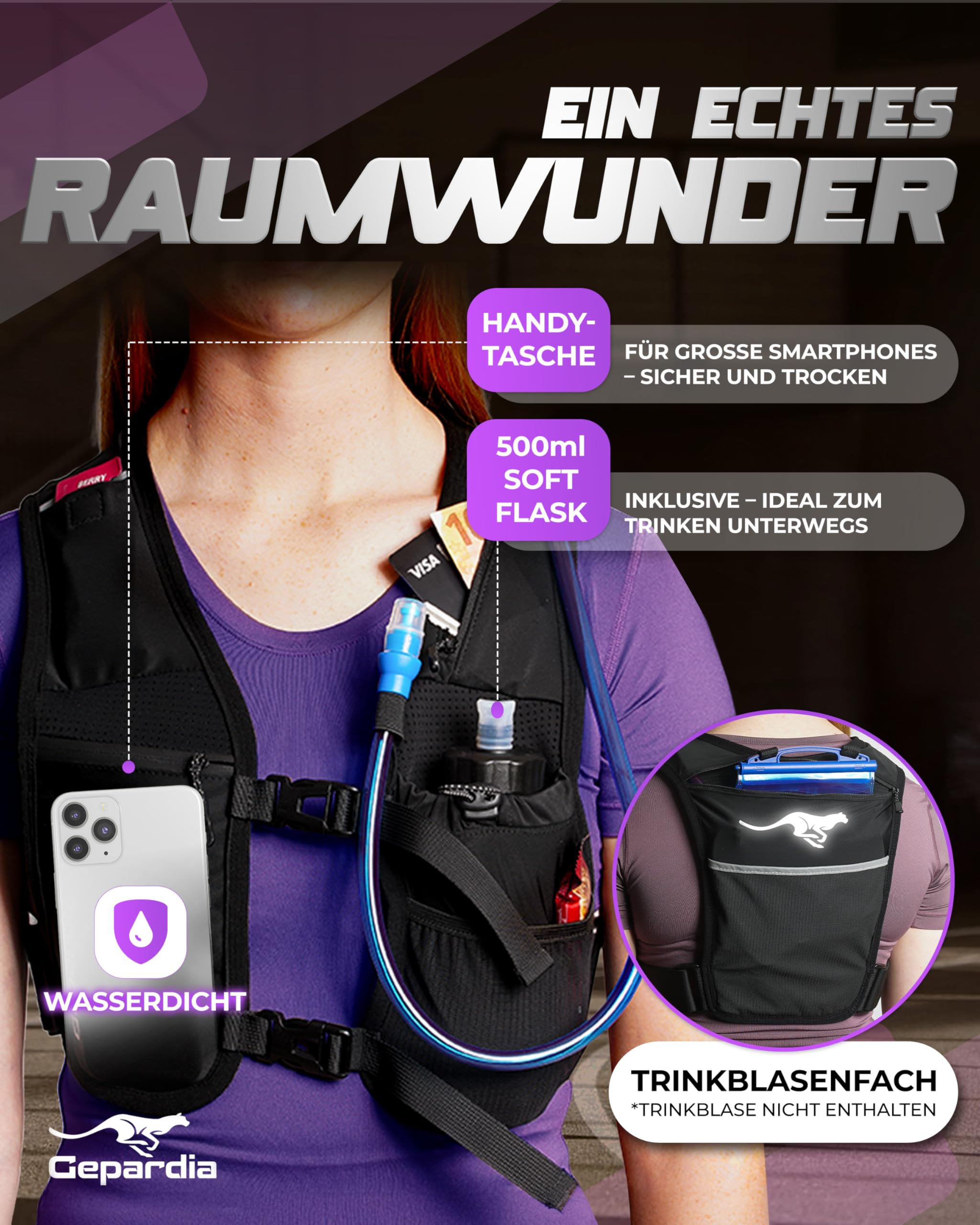 Laufweste Damen mit Trinkflasche – Ultraleicht, reflektierend, viel Stauraum, Softflask 500 ml inkl., für Running, Joggen, Wandern & Trail