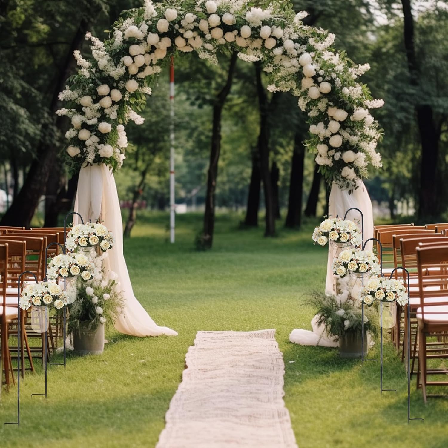 8 Sets Wedding Aisle Decoration Including 8 Pcs 15 oz Plastic Mason Jars with Handle and 8 Pcs 32'' High Shepherds Hooks for Outdoor Wedding Ceremony Decoration (Flowers Not Included)
