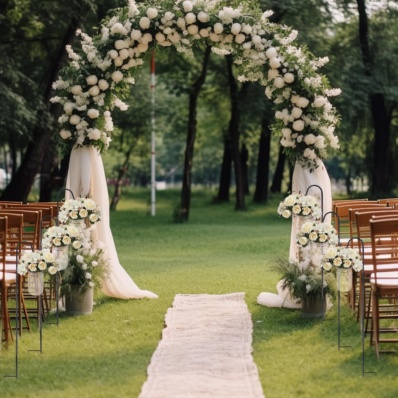 8 Décorations d’Allée de Mariage, Bocaux Mason 450 ml avec Anses et Crochets de Berger 81,5 cm, Décoration de Jardin pour Cérémonie Extérieure (Fleurs Non Incluses)
