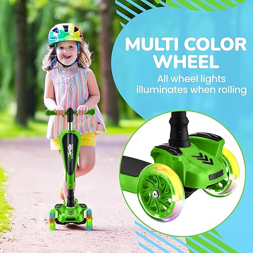 Vista 89 de Hurtle Patinete de 3 ruedas para niños, luces LED de ruedas, manubrio ajustable de inclinación para dirigir y asiento plegable, paseo sentado