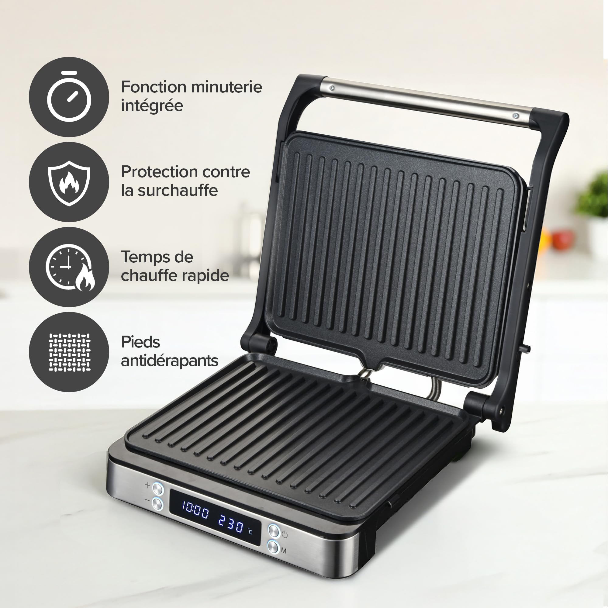 Olvy Appareil à Croque-Monsieur XXL, 2000W, Sandwichmaker, Machine a Panini, 3-en-1, Gaufrier & Grille de Contact, Plaques Antiadhésives, Ouverture 180°, Température Réglable, Minuterie
