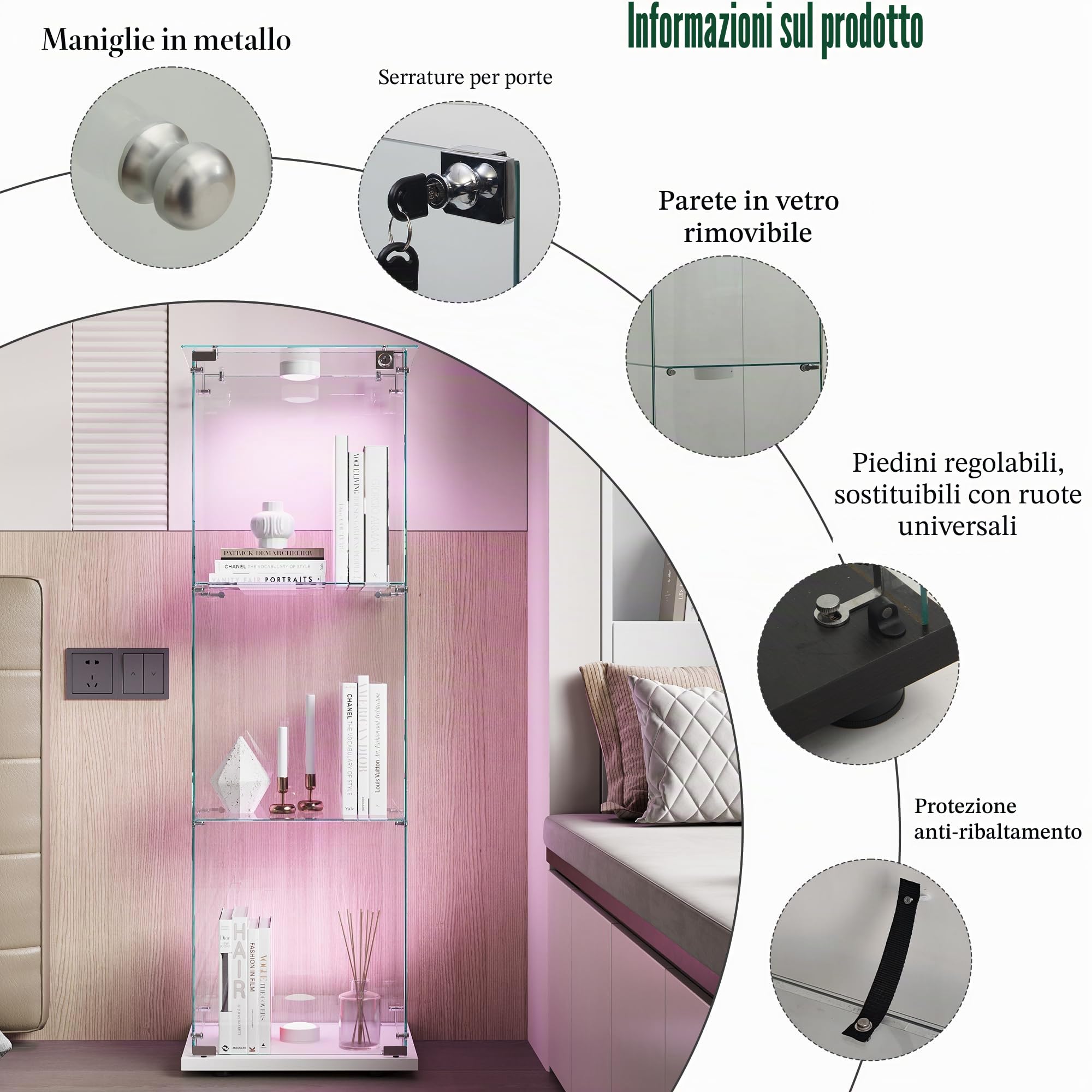 Vetrinetta Da Parete, Vetrina espositiva 3 tier con LED, vetrina in vetro temperato, mobile vetrina per collezioni modellini vino gioielli, armadio espositivo soggiorno, nero, 42 x 36 x 125 cm