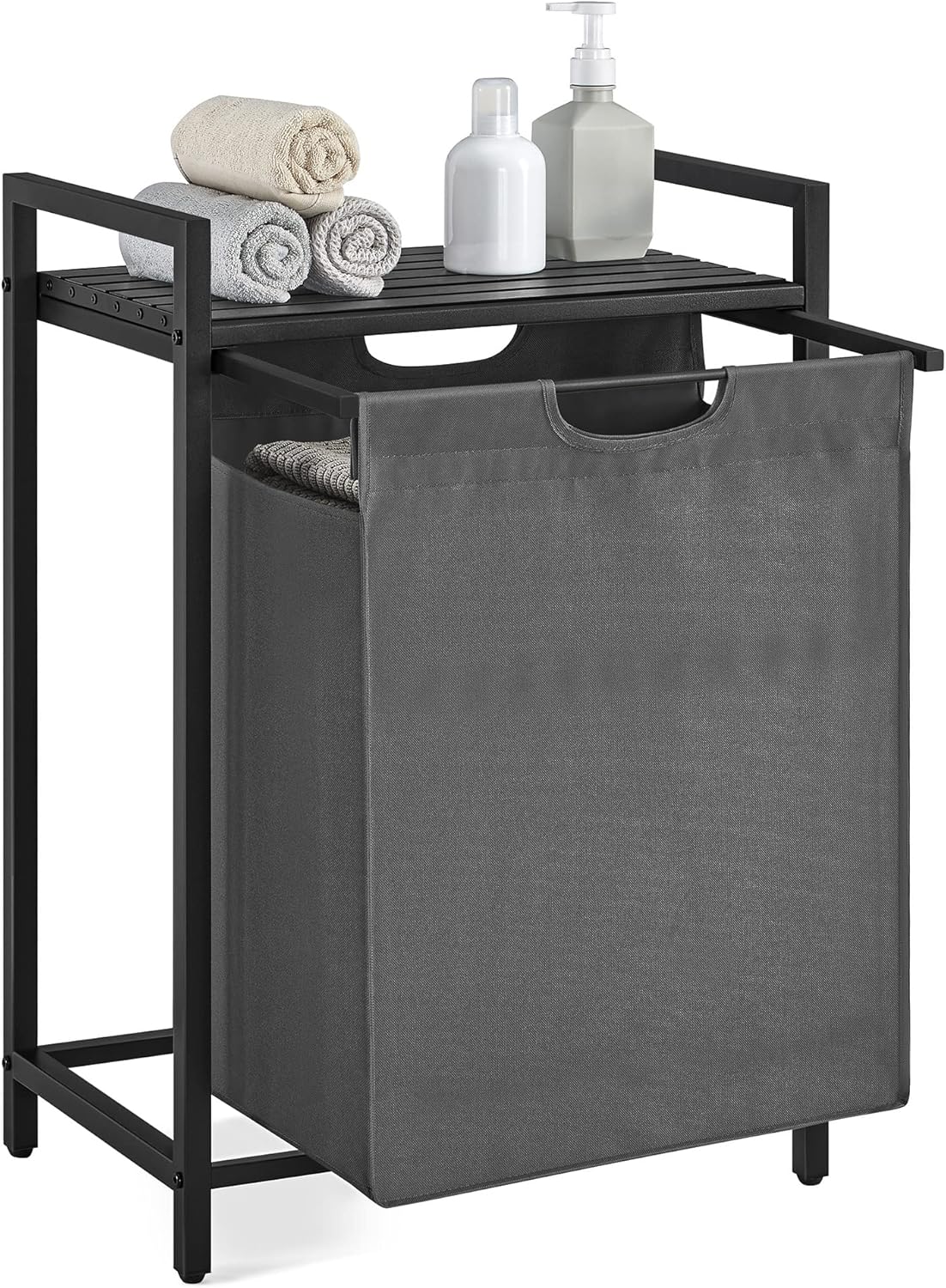 VASAGLE Wäschekorb, Wäschesammler mit Ablage, Wäschebox, Wäschesack aus Oxford-Gewebe abnehmbar, Metallrahmen, 65 L, 50 x 33 x 72 cm, schiefergrau-anthrazitgrau BLH101G01