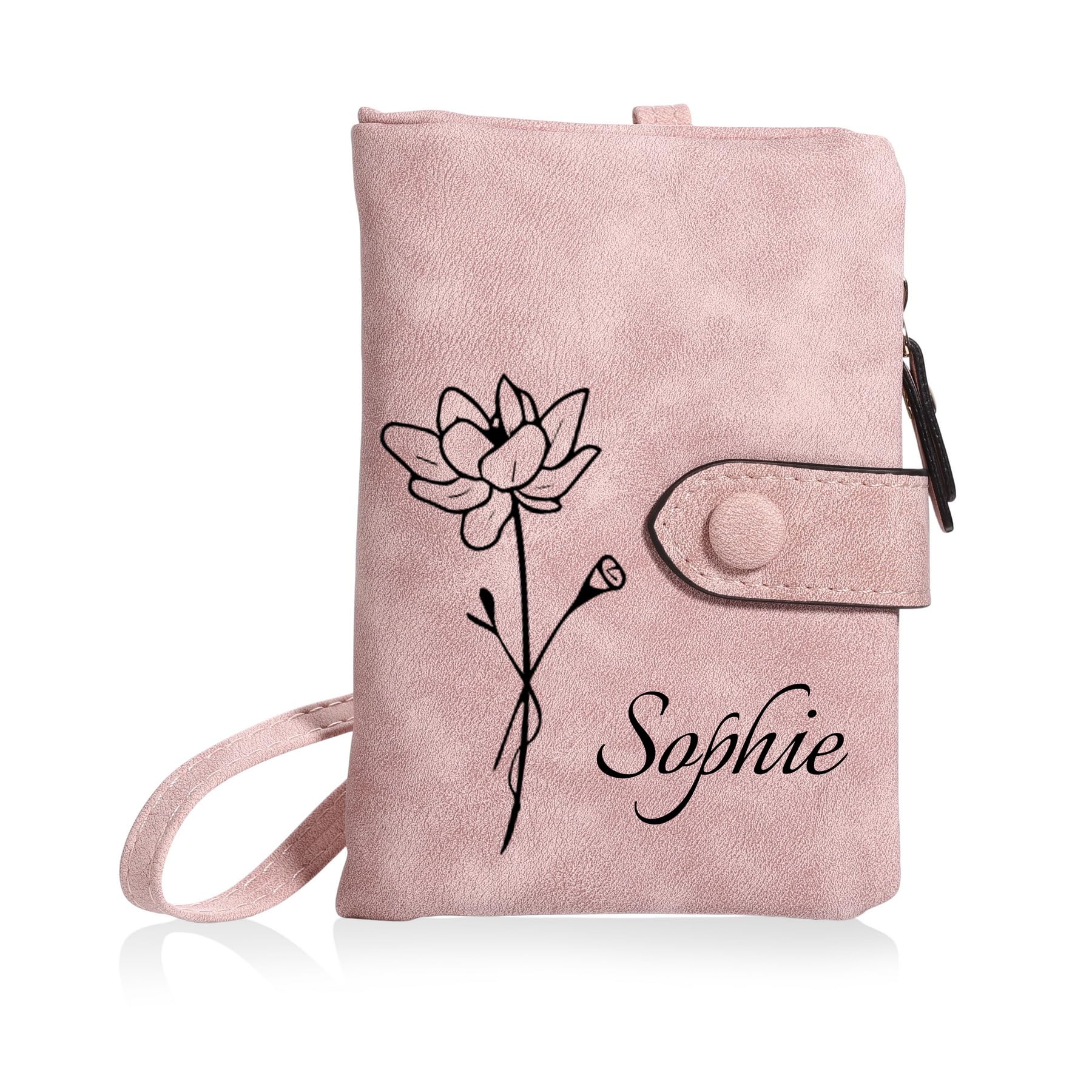 MeMeDIY Personalizado Cuero Carteras de Mujer con Monedero con Cremallera con Pulsera Cartera Pequeña Mujer con Nombre y Flor de Nacimiento Regalos para Novia Esposa Día de la Madre - Rosa