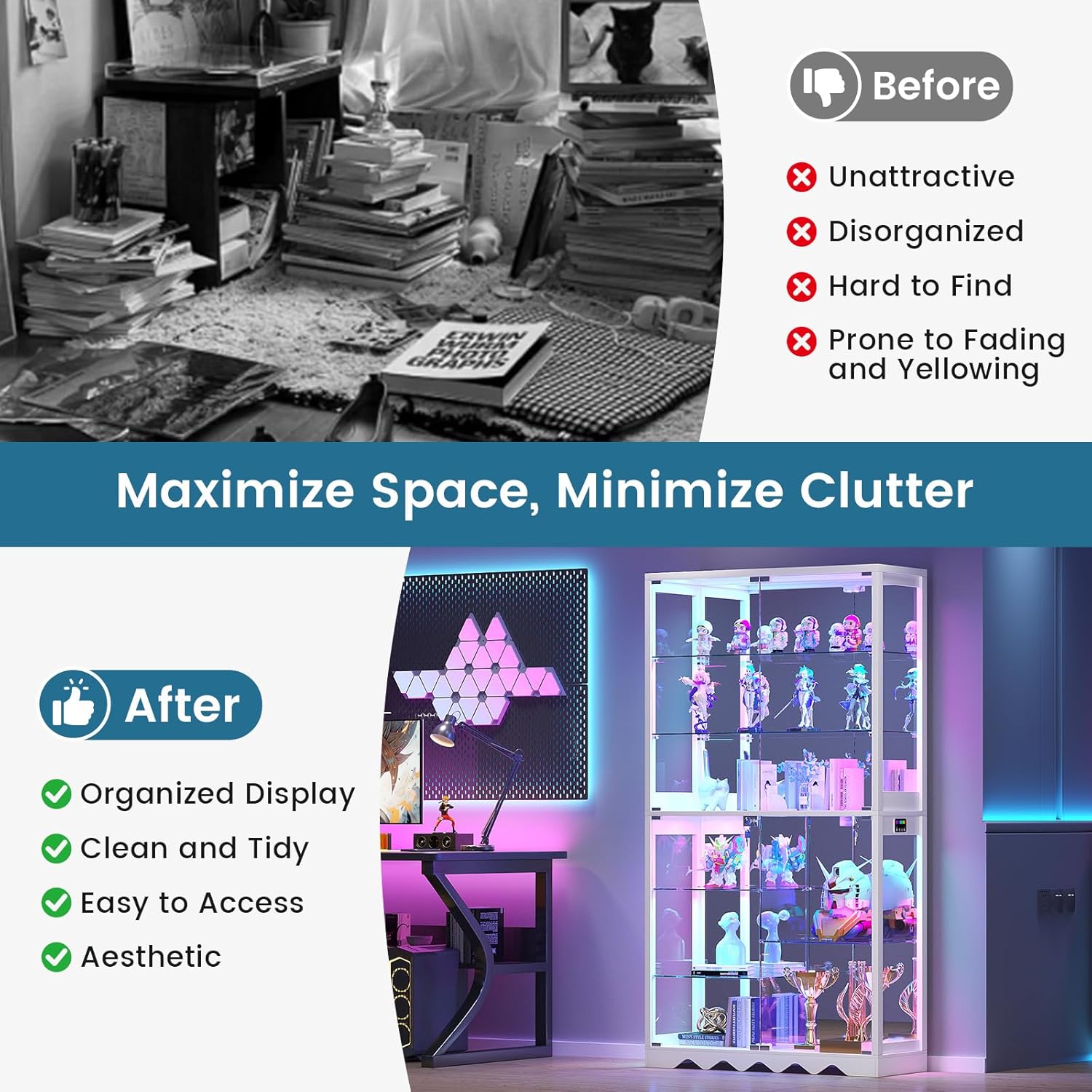Large Display Cabinet with Glass Doors, 8-Tier RGB Curio Cabinet with Smart Human Induction & Remote Control, 73" Tall Stable Glass Display Case for Collectibles, Figures, Lockable Storage, White