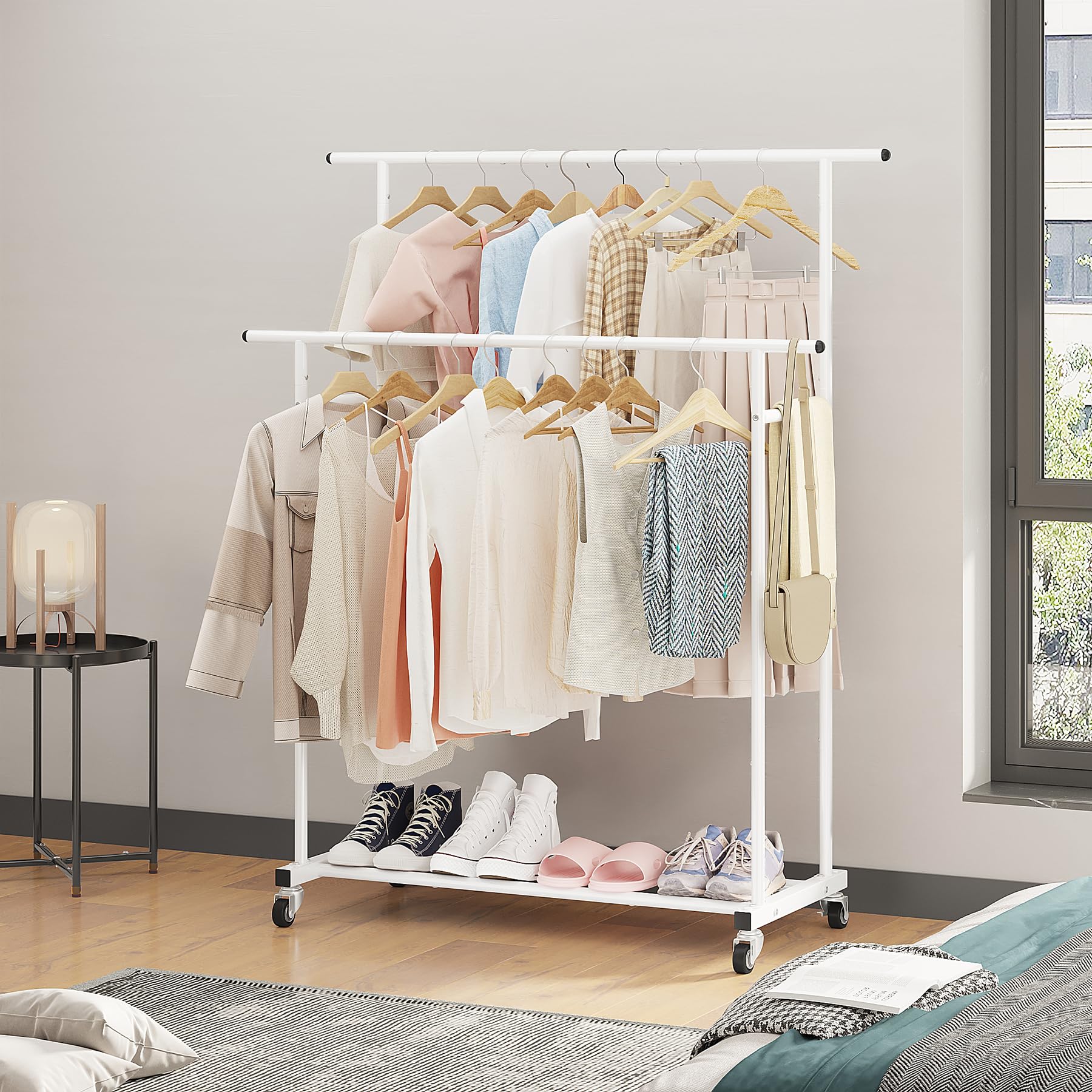 Calmootey Appendiabiti a doppia asta, appendiabiti portatile per camera da letto, soggiorno, negozio di abbigliamento, bianco