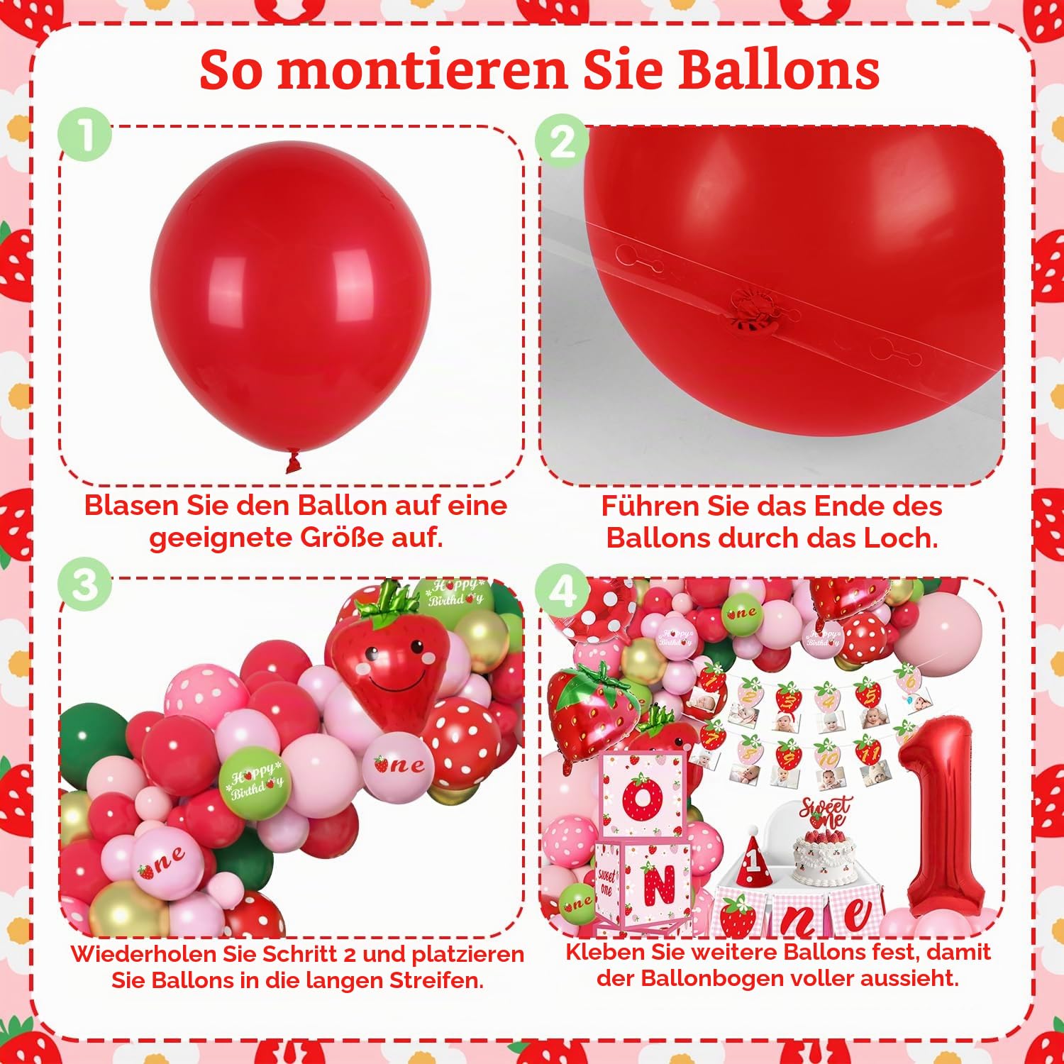 Deko 1. Geburtstag Mädchen, Luftballon Girlande Erdbeere, Erdbeere Themed Geburtstagdeko 1 Jahr, 84 Stück Geburtstagsdeko 1 Jahr Mädchen, für 1 Geburtstag Mädchen, Geburtstagsdeko Mädchen