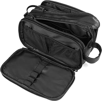 Toiletry Bag for Men and Women, Travel Essentials Shaving Dopp Kit, Travel Bag Toiletries Organizer Case for Grooming, PU Leather Water Resistant Cosmetic Bag Pouch Black, Medium