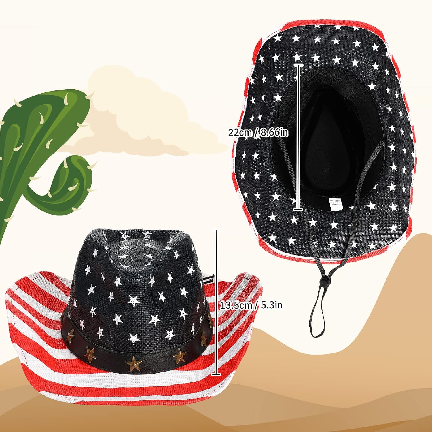 3 Pcs American Flag Cowboy Hat with Bandana and Glasses Cowboy Hat with Strap Halloween Cosplay Costumes for Masquerade