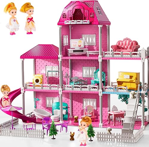 Vista 27 de Juego de villa para niñas de 3 a 7 años, 4 pisos y 12 habitaciones con 2 muñecas, muebles y accesorios, juego de interior para niñas de 6 a 8 años