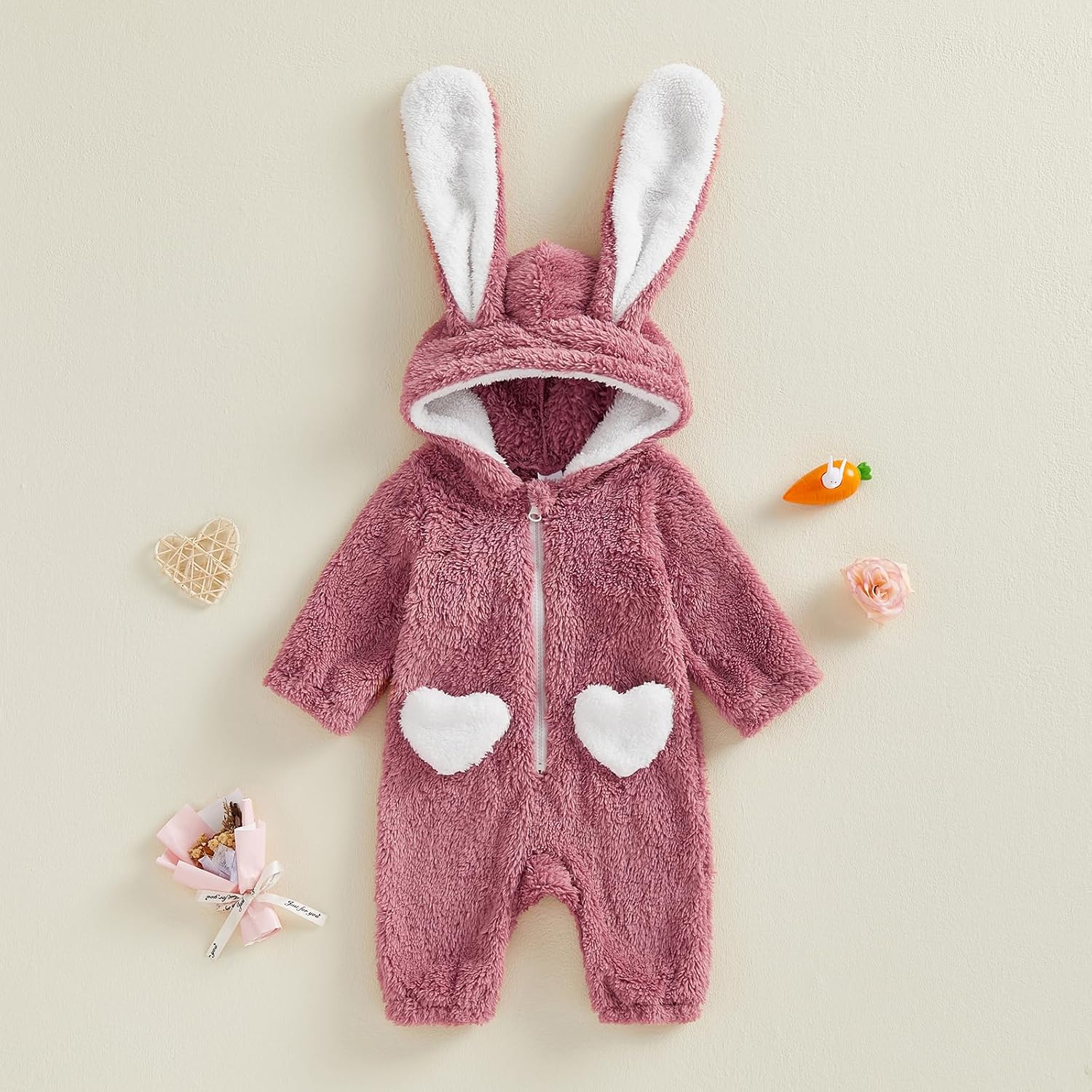 Afunbaby Newborn Baby Girl Boy Clothes Bear Onesie Long Sleeve Snowsuit Hooded Romper Winter Clothes (Bunny Pink, 9-12 Months)