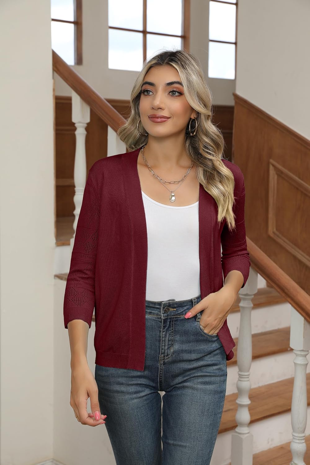 Bettysays Women's Cropped Cardigans Shrugs for Dresses 3/4 Sleeve Lightweight Hollow Out Crochet Knit Sweater Tops - Image 5