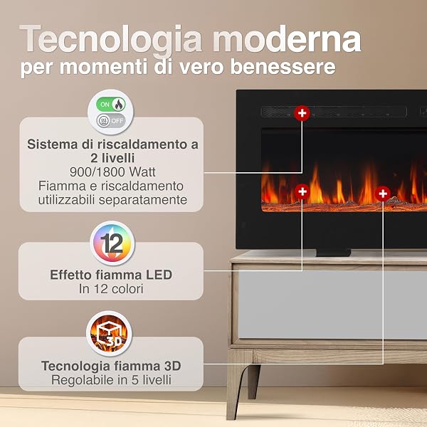 KAMINIO Camino elettrico MARLON - Caminetto elettrico 3-in-1 con riscaldamento, effetto fiamma 3D, 12 colori di fiamma, telecomando (50 pollici) - 3