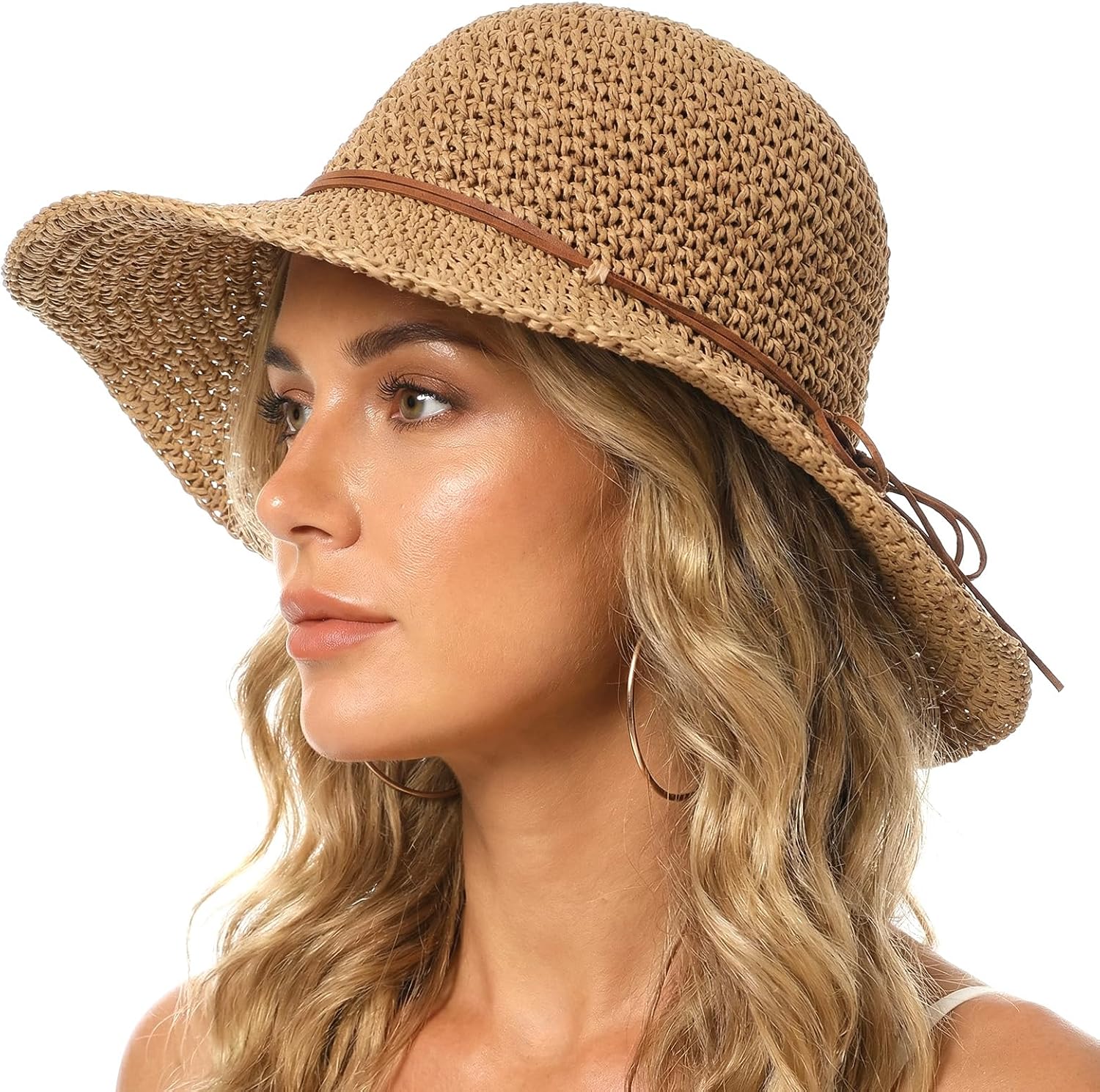 Beach Sun Hats for Women - Floppy Wide Straw Hats for Women Khaki