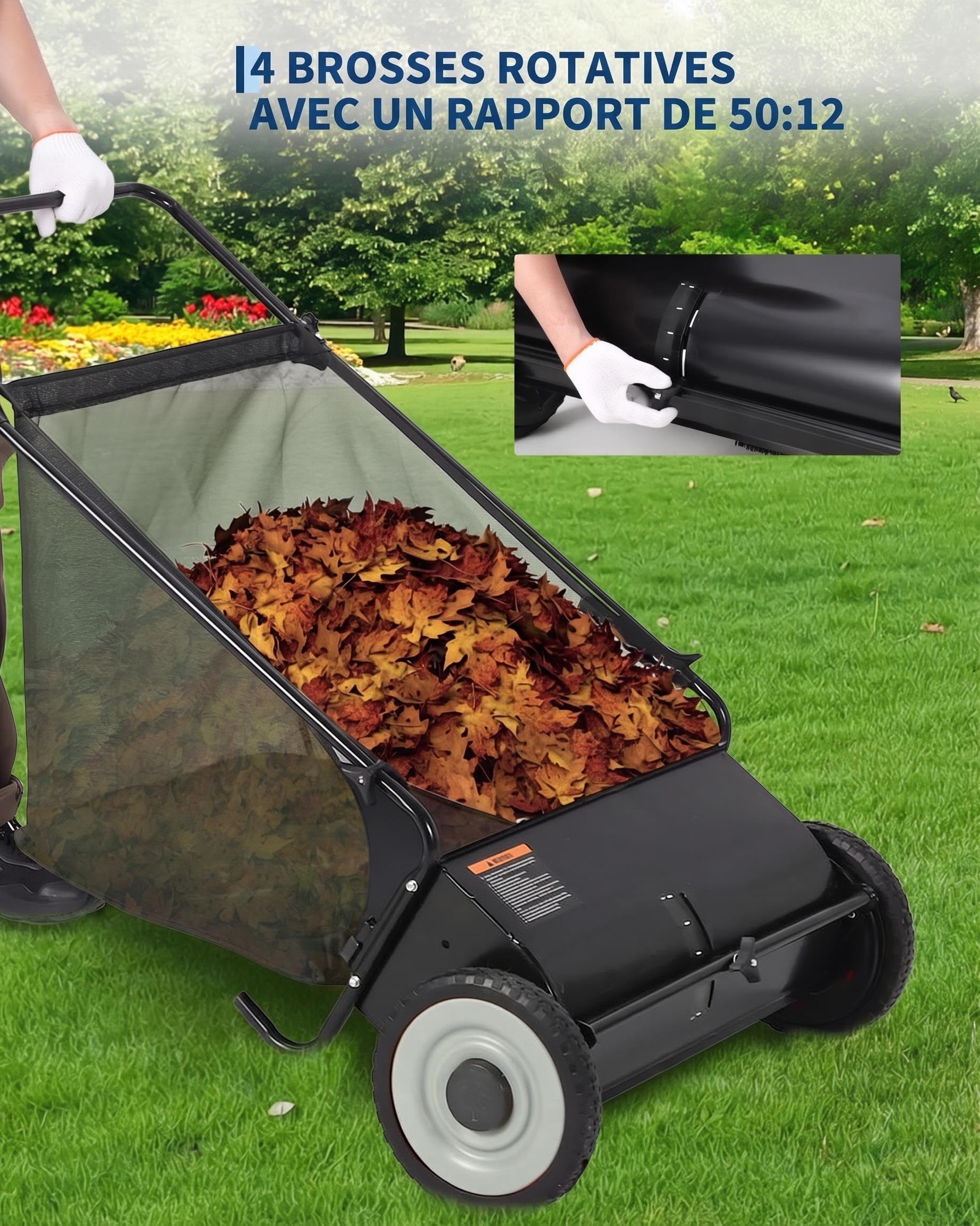 Balayeuse de pelouse poussable 53 cm Garvee – Sac 99 L, 4 brosses rotatives, Hauteur réglable, Cadre en acier, Roues en caoutchouc, Noir