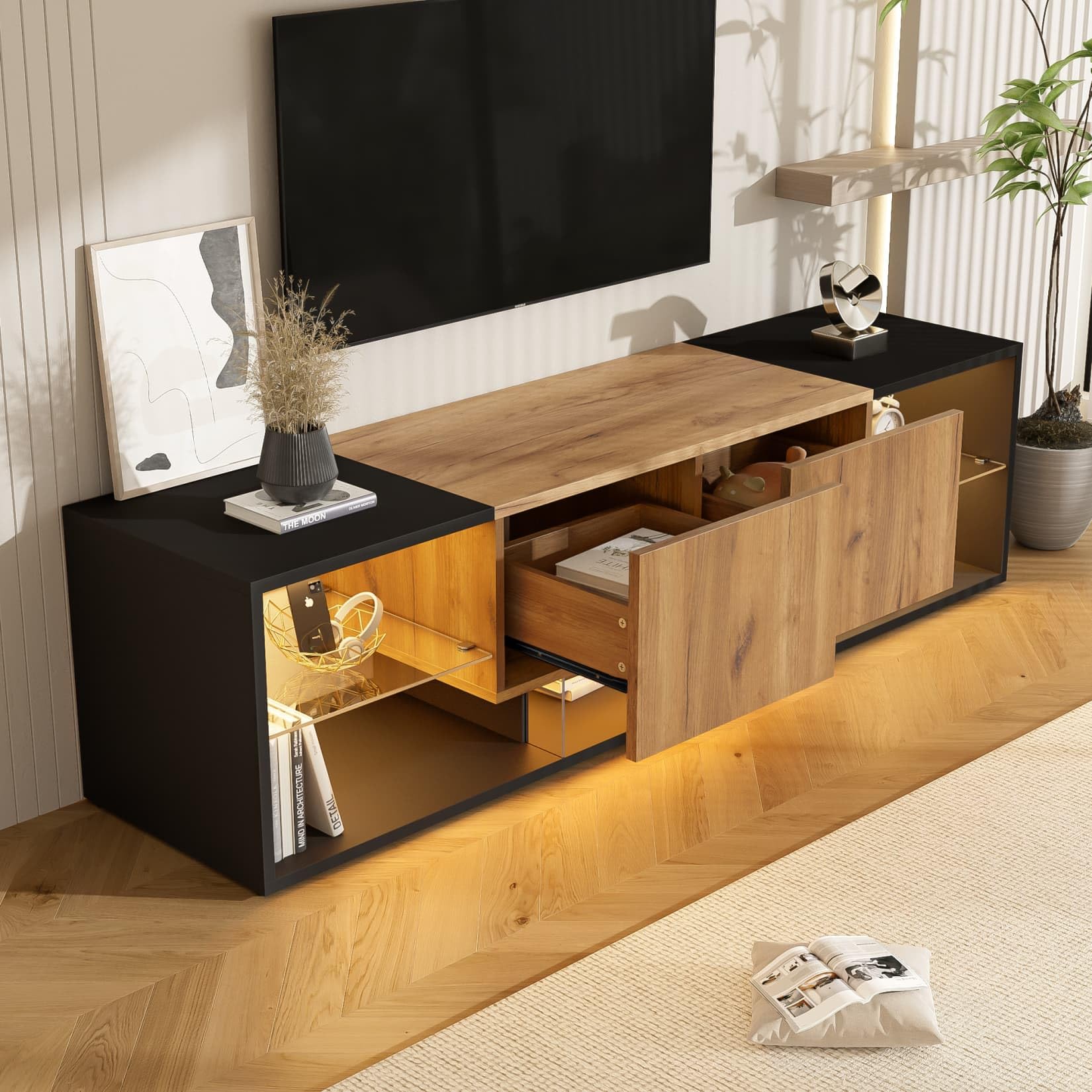 Meuble TV 160x40x42cm,Meuble Tele avec éclairage LED Réglable,2 Grands Tiroirs,Étagères en Verre,pour Téléviseurs D'environ 70 Pouces (A-Noir, A)