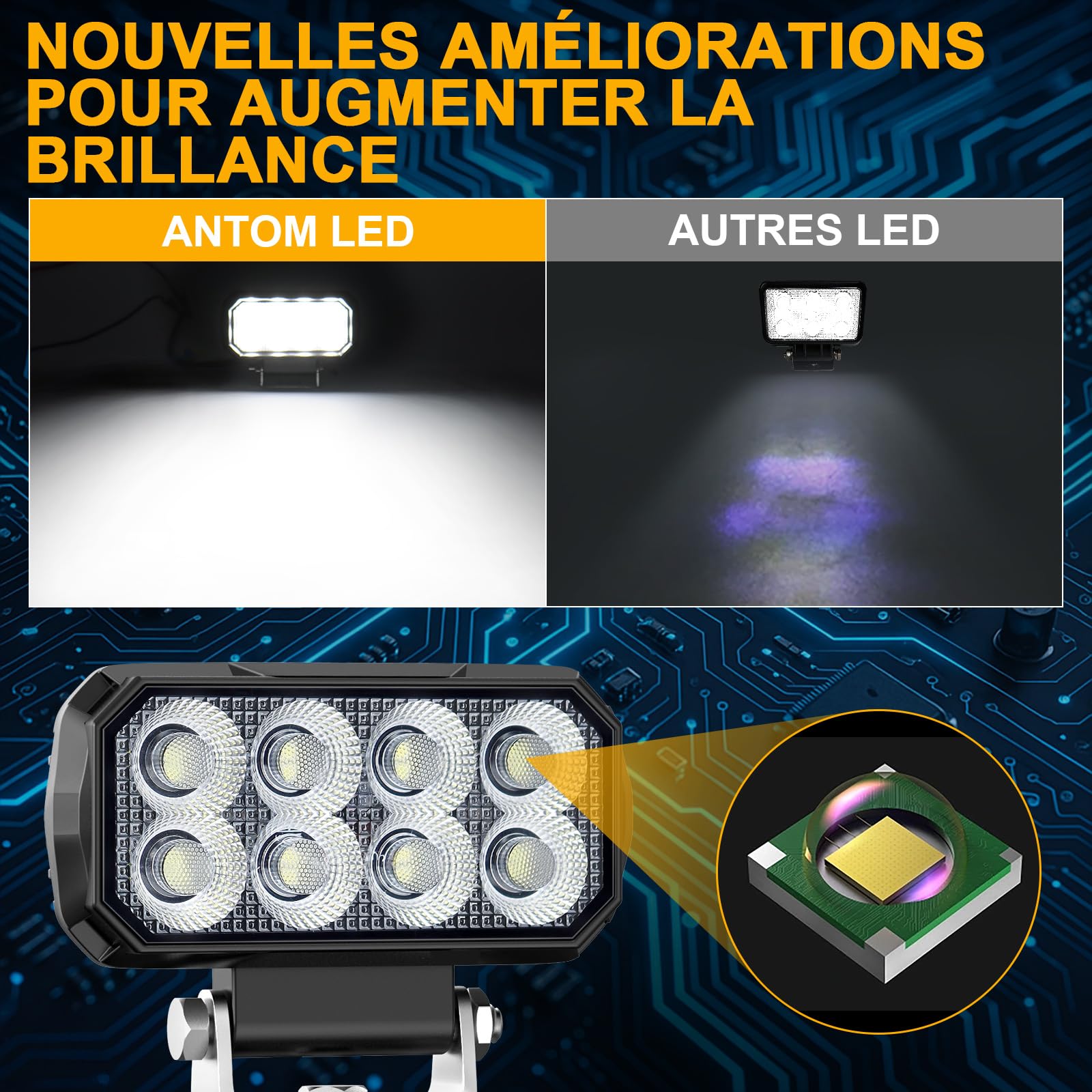 antom 2 pièces Phare de travail LED 168W 9-60V 18000 lumens IP68 étanche Idéal pour excavatrices, tracteurs, camions, véhicules tout-terrain, motos, éclairage de chantier et aventures nocturnes