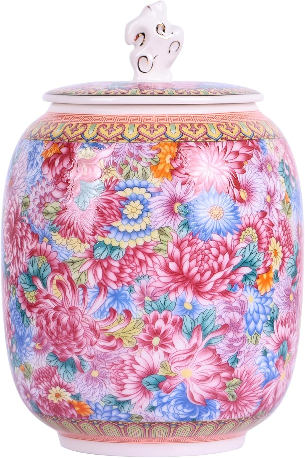 Elegant Enamel Ginger Jar with Lid – Decorative Chinoiserie Ceramic Jar for Storage, Home Décor, and Vase Use – Colorful Floral Design or Red Goldfish Pattern (Flowers)